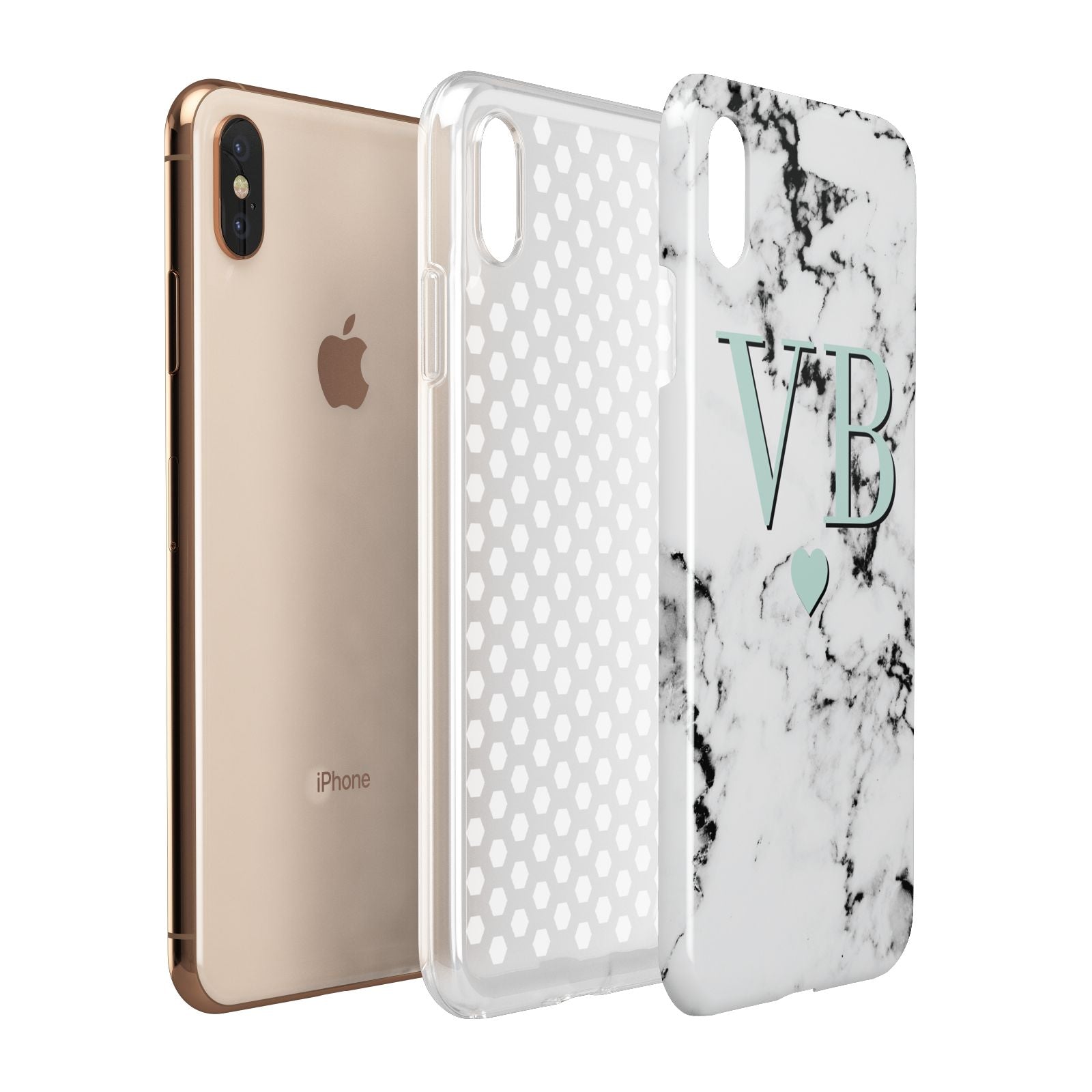 Personalised Mint Initialled Marble Heart Apple iPhone Xs Max 3D Tough Case Expanded View