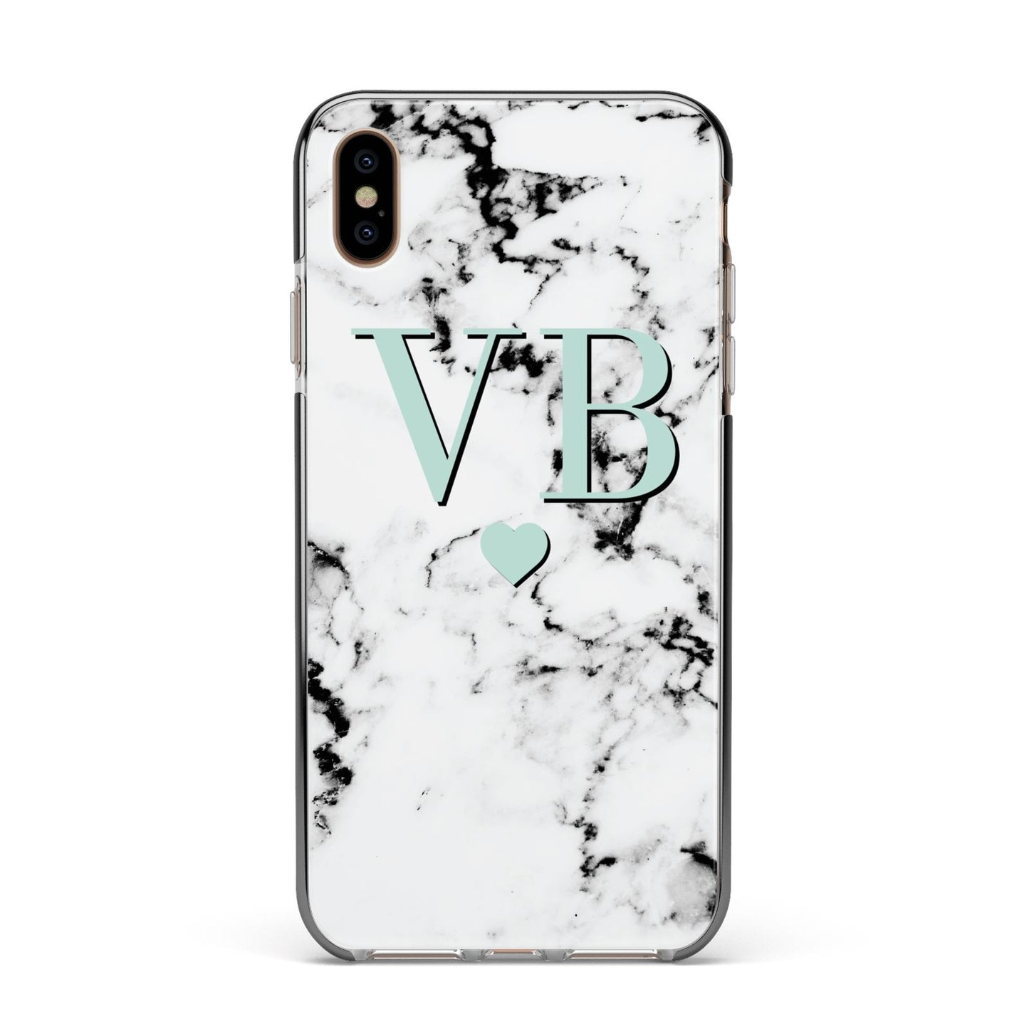 Personalised Mint Initialled Marble Heart Apple iPhone Xs Max Impact Case Black Edge on Gold Phone