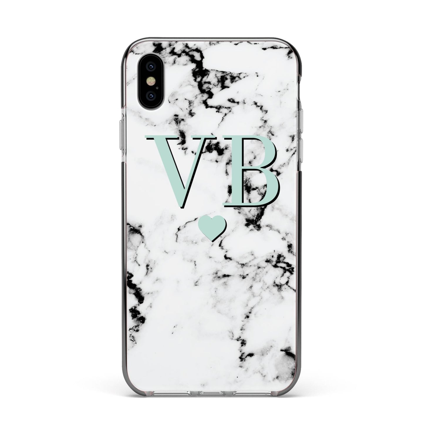 Personalised Mint Initialled Marble Heart Apple iPhone Xs Max Impact Case Black Edge on Silver Phone