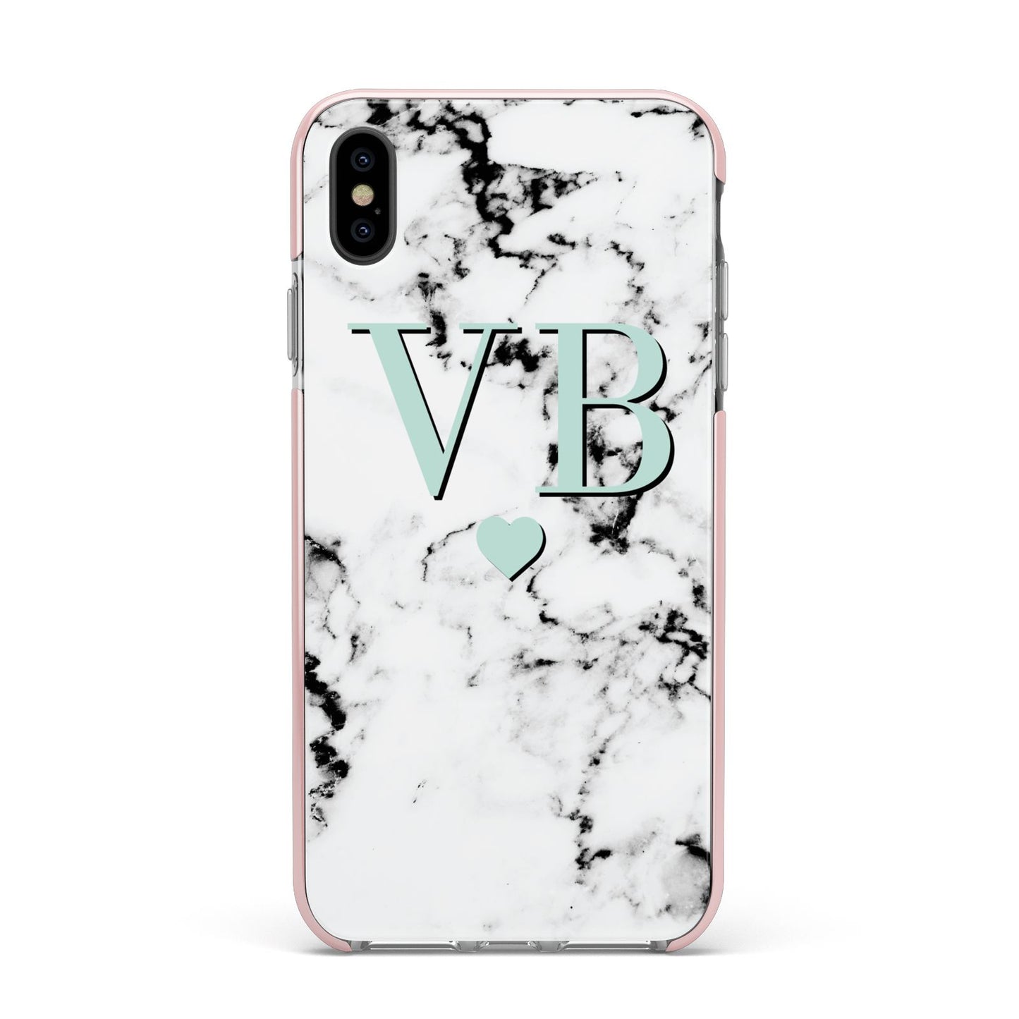 Personalised Mint Initialled Marble Heart Apple iPhone Xs Max Impact Case Pink Edge on Black Phone