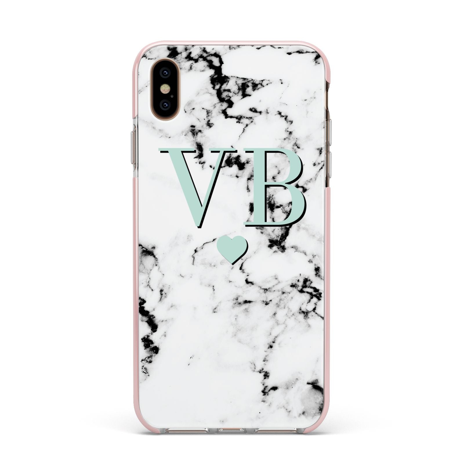 Personalised Mint Initialled Marble Heart Apple iPhone Xs Max Impact Case Pink Edge on Gold Phone