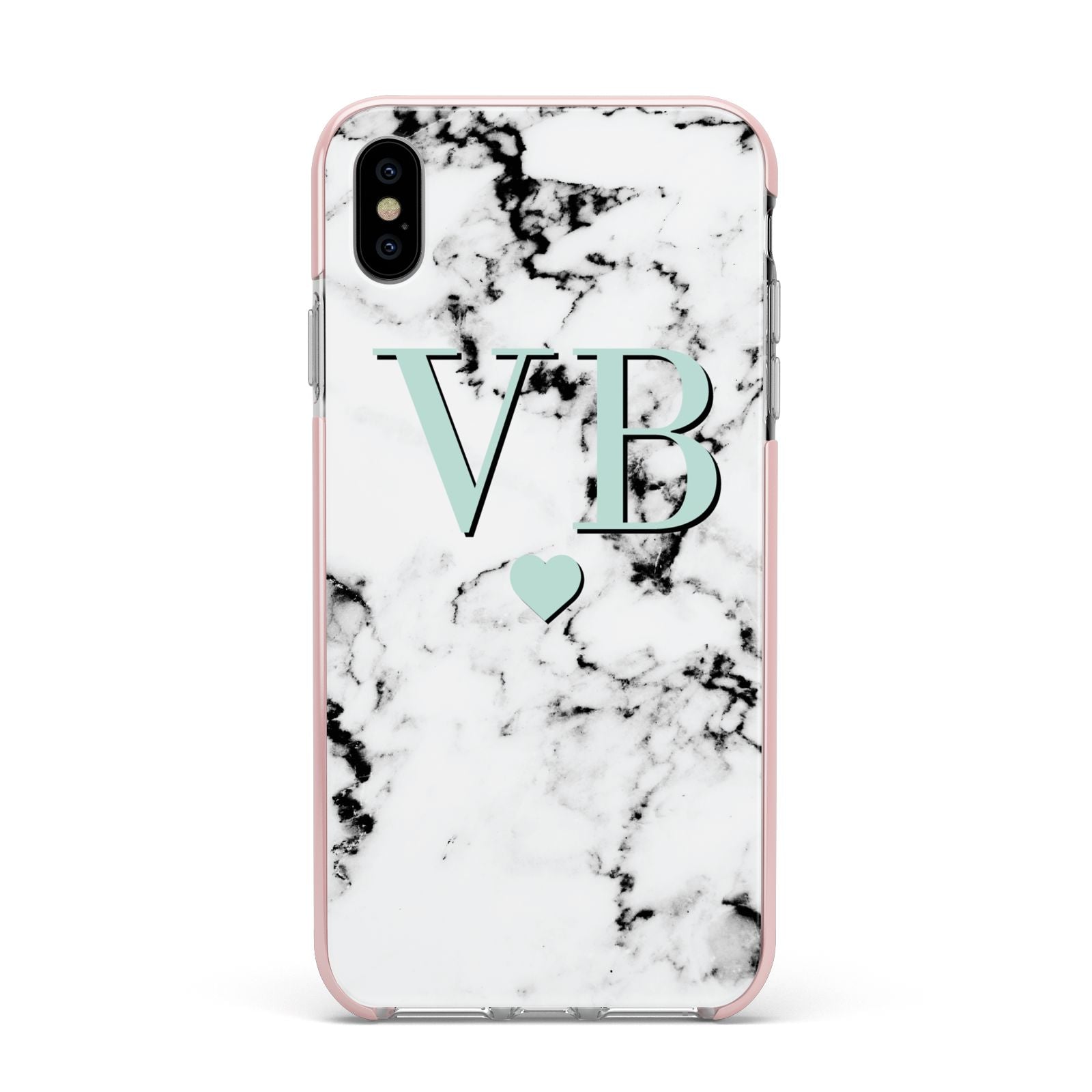 Personalised Mint Initialled Marble Heart Apple iPhone Xs Max Impact Case Pink Edge on Silver Phone