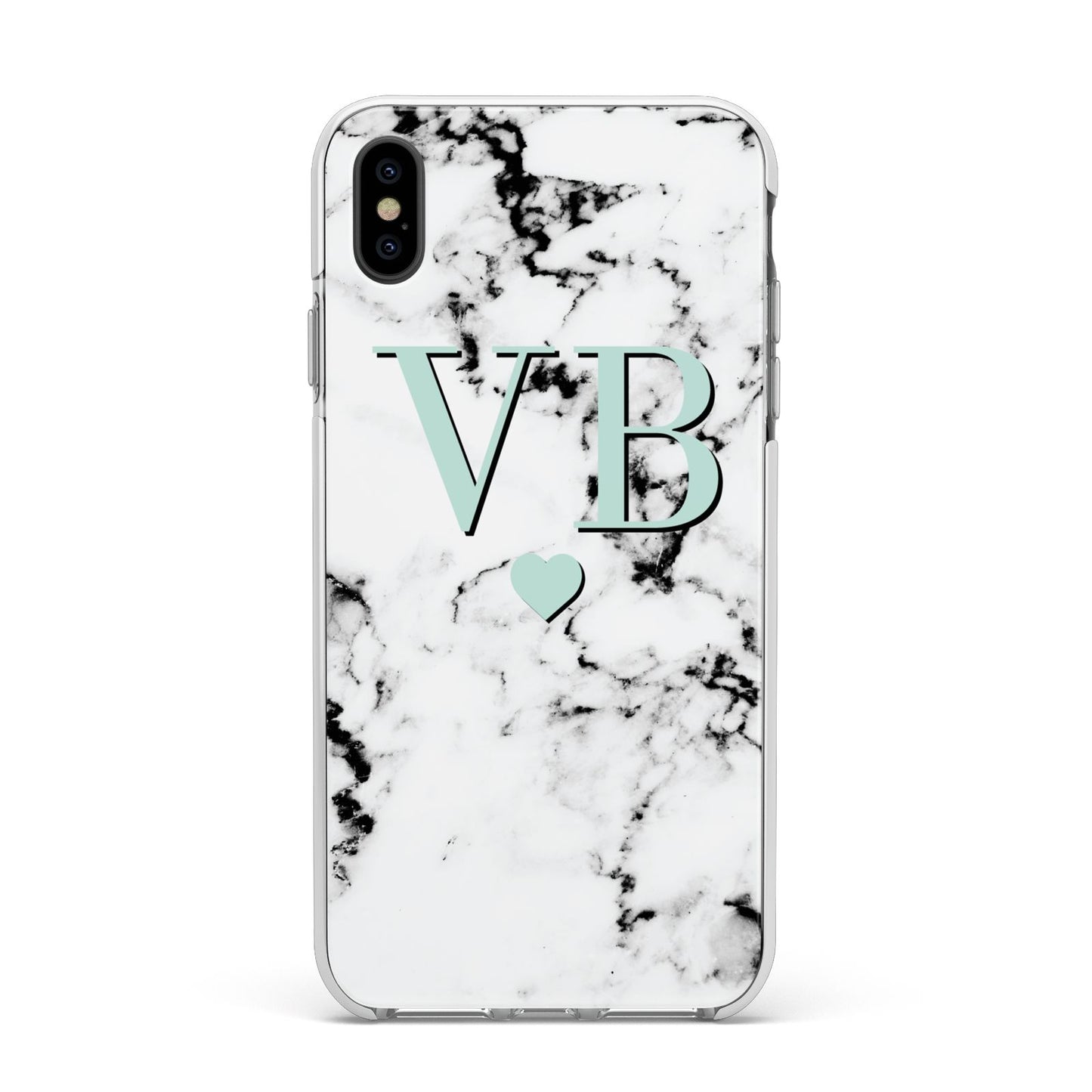 Personalised Mint Initialled Marble Heart Apple iPhone Xs Max Impact Case White Edge on Black Phone