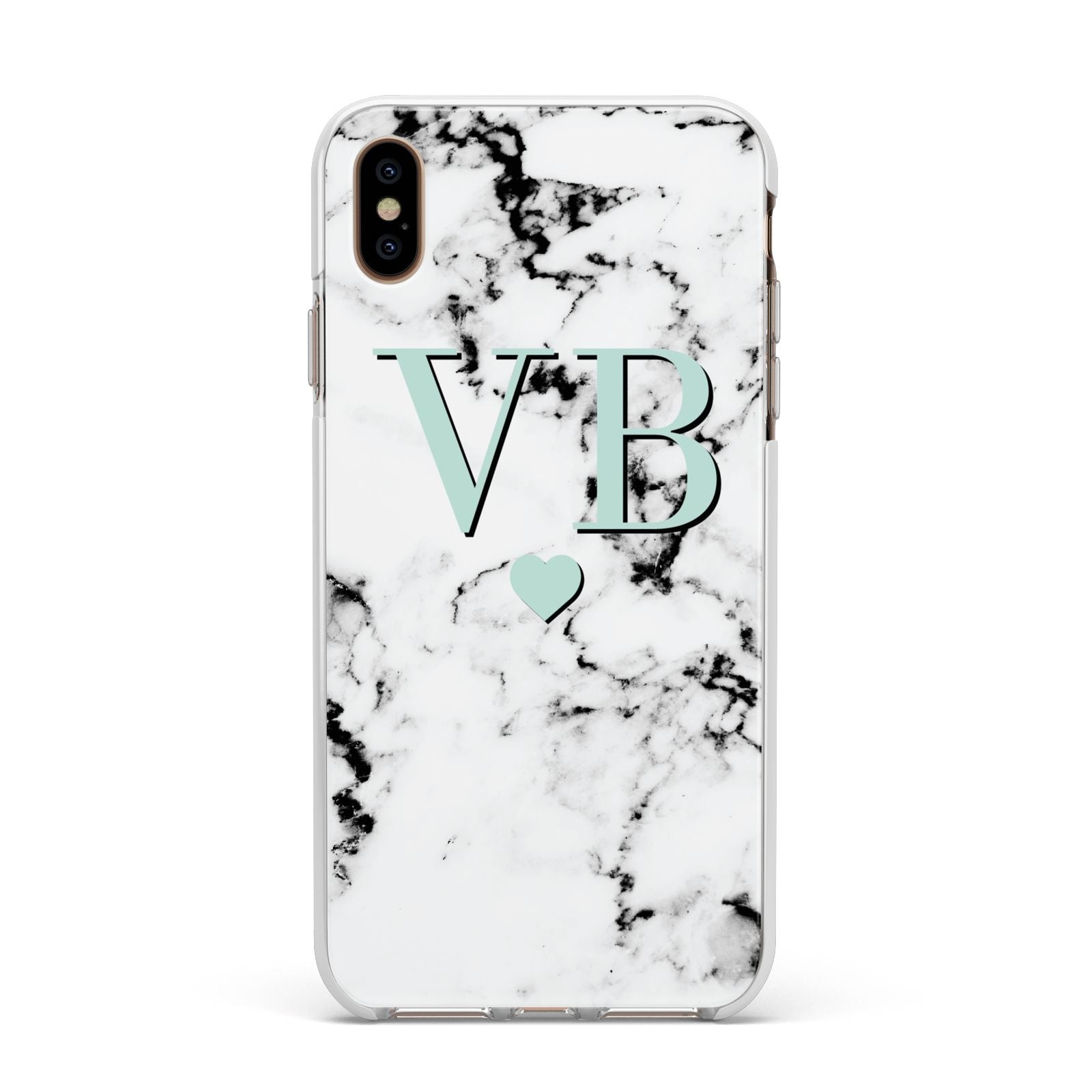 Personalised Mint Initialled Marble Heart Apple iPhone Xs Max Impact Case White Edge on Gold Phone