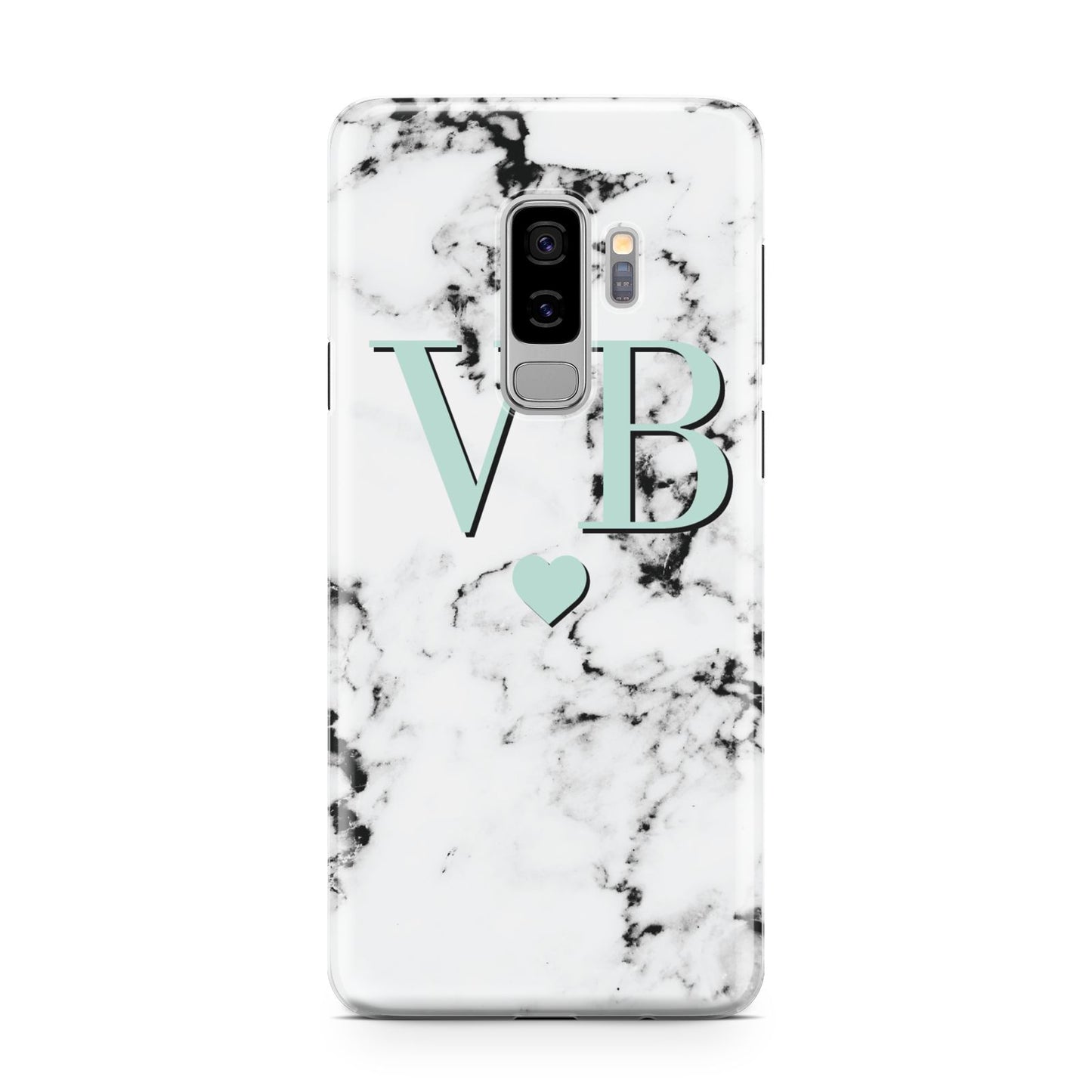 Personalised Mint Initialled Marble Heart Samsung Galaxy S9 Plus Case on Silver phone