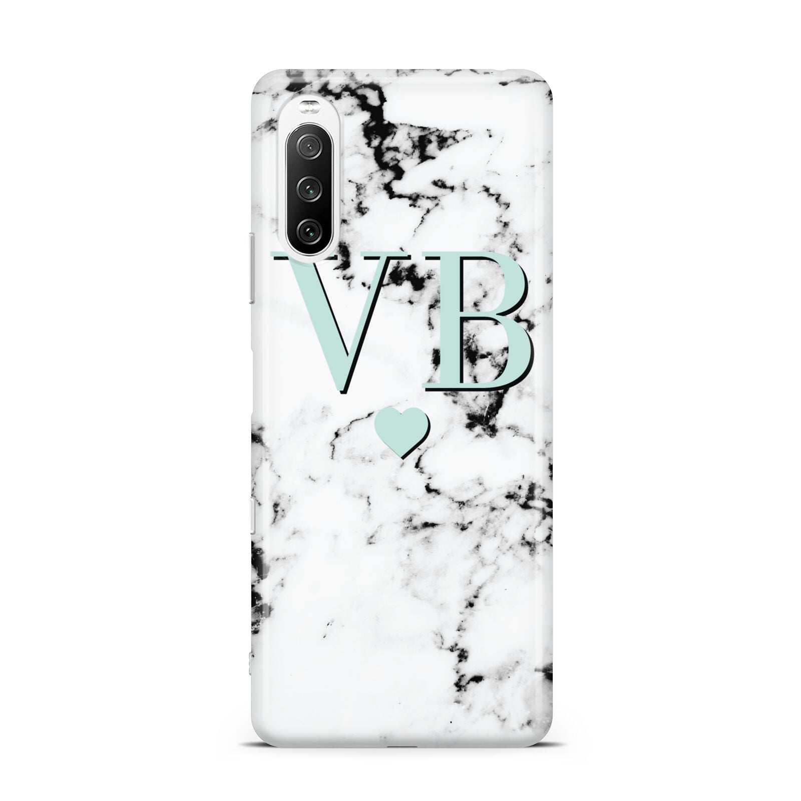 Personalised Mint Initialled Marble Heart Sony Xperia 10 III Case
