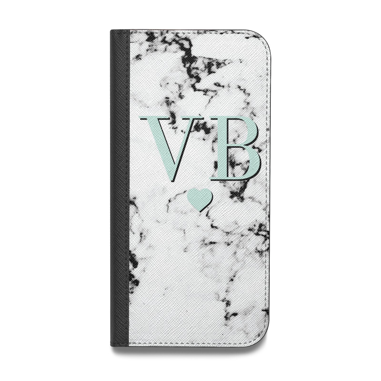 Personalised Mint Initialled Marble Heart Vegan Leather Flip Samsung Case
