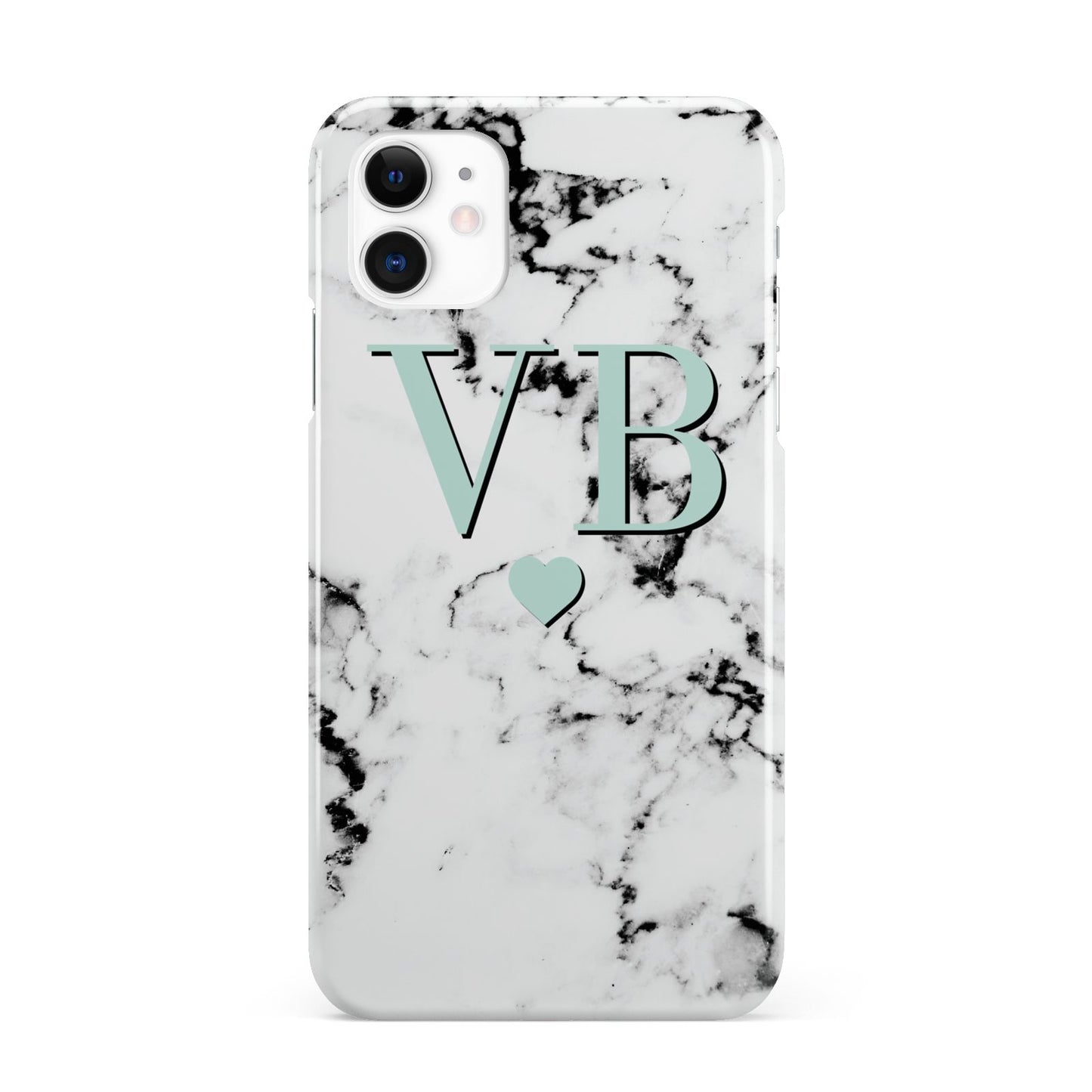 Personalised Mint Initialled Marble Heart iPhone 11 3D Snap Case