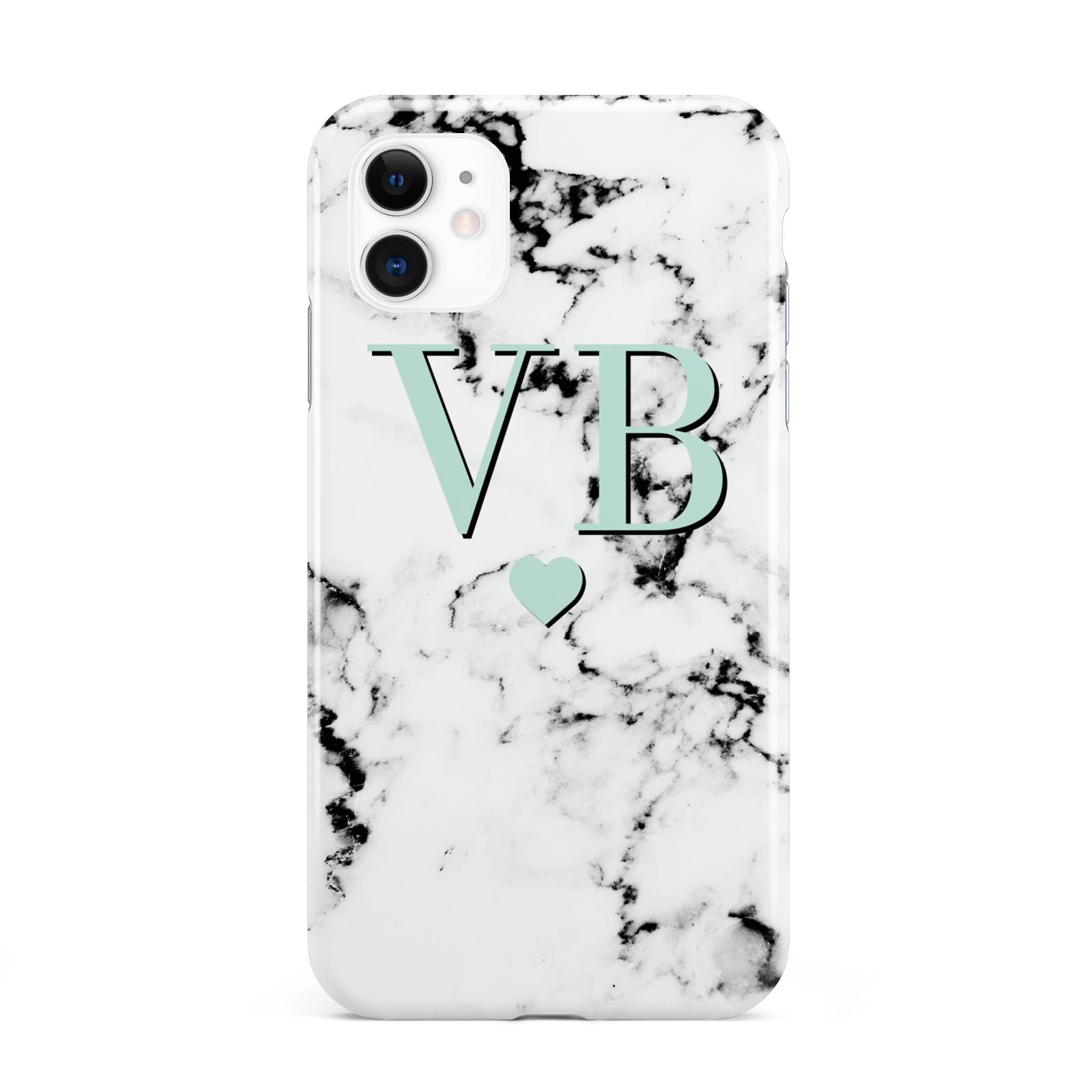 Personalised Mint Initialled Marble Heart iPhone 11 3D Tough Case
