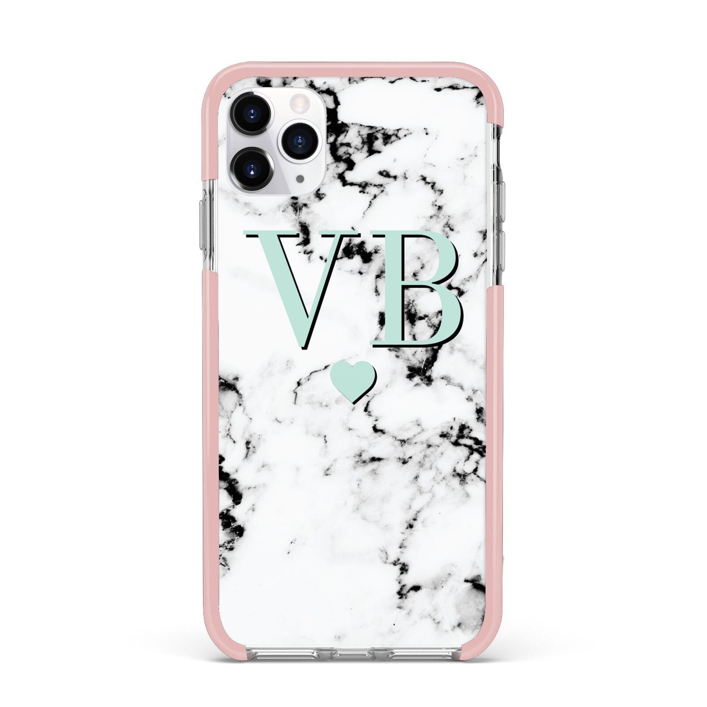 Personalised Mint Initialled Marble Heart iPhone 11 Pro Max Impact Pink Edge Case