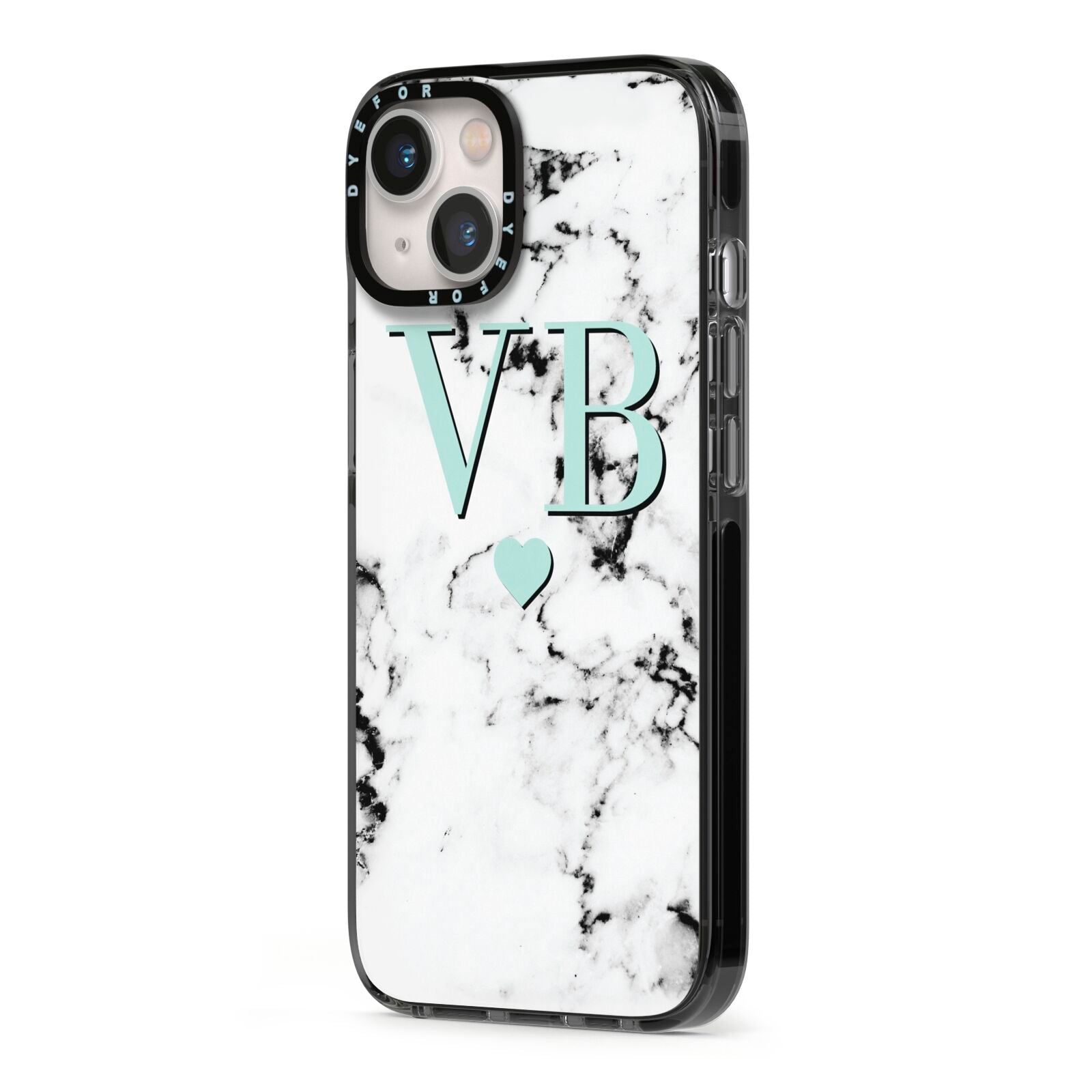 Personalised Mint Initialled Marble Heart iPhone 13 Black Impact Case Side Angle on Silver phone