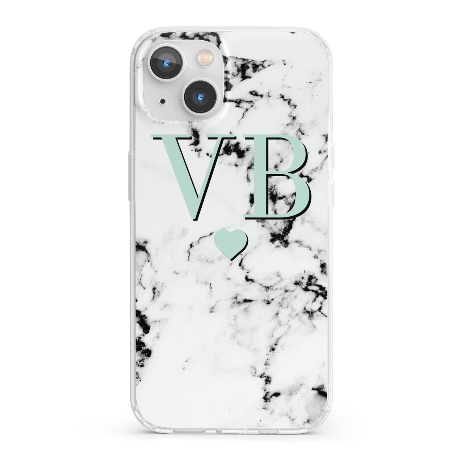 Personalised Mint Initialled Marble Heart iPhone 13 Clear Bumper Case