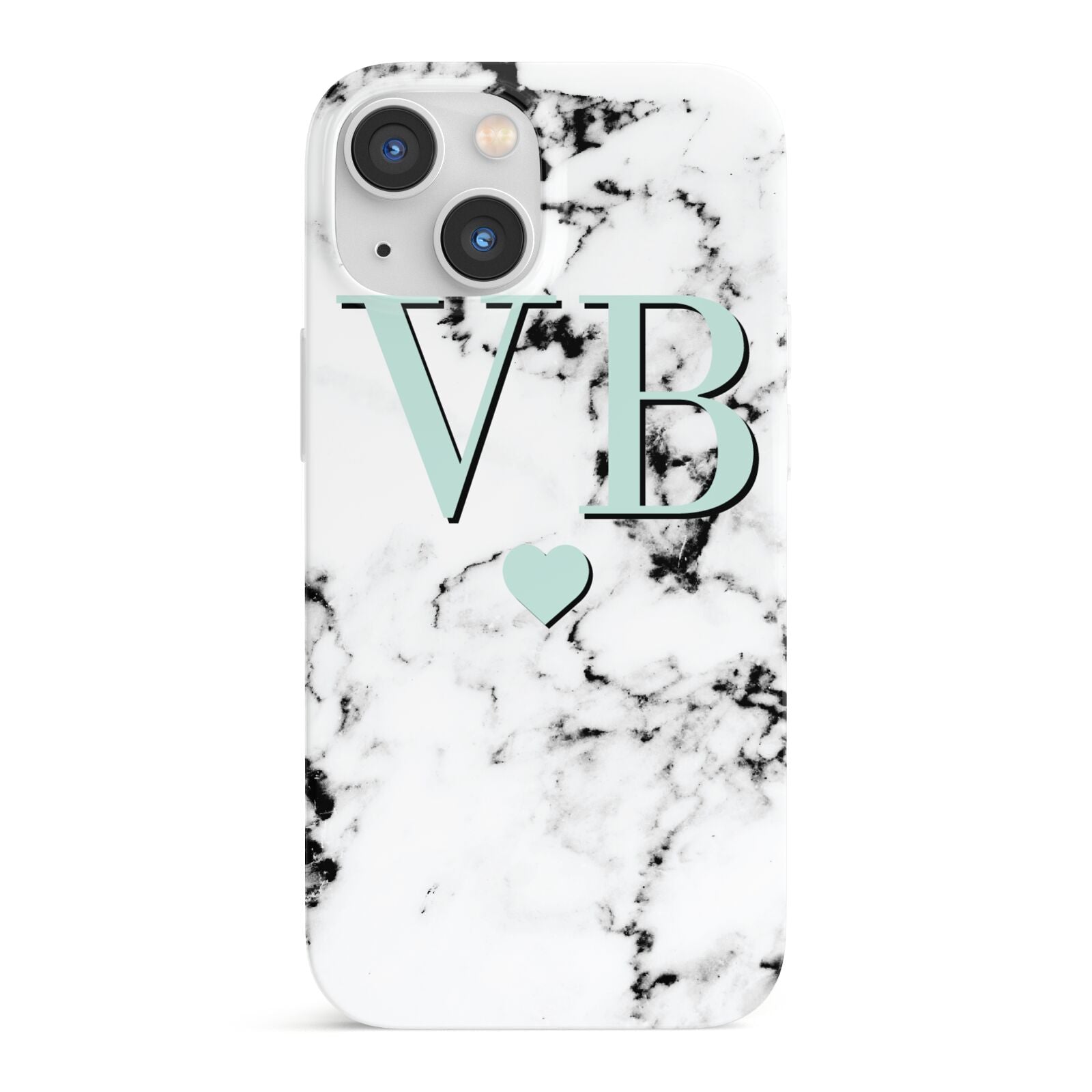 Personalised Mint Initialled Marble Heart iPhone 13 Mini Full Wrap 3D Snap Case