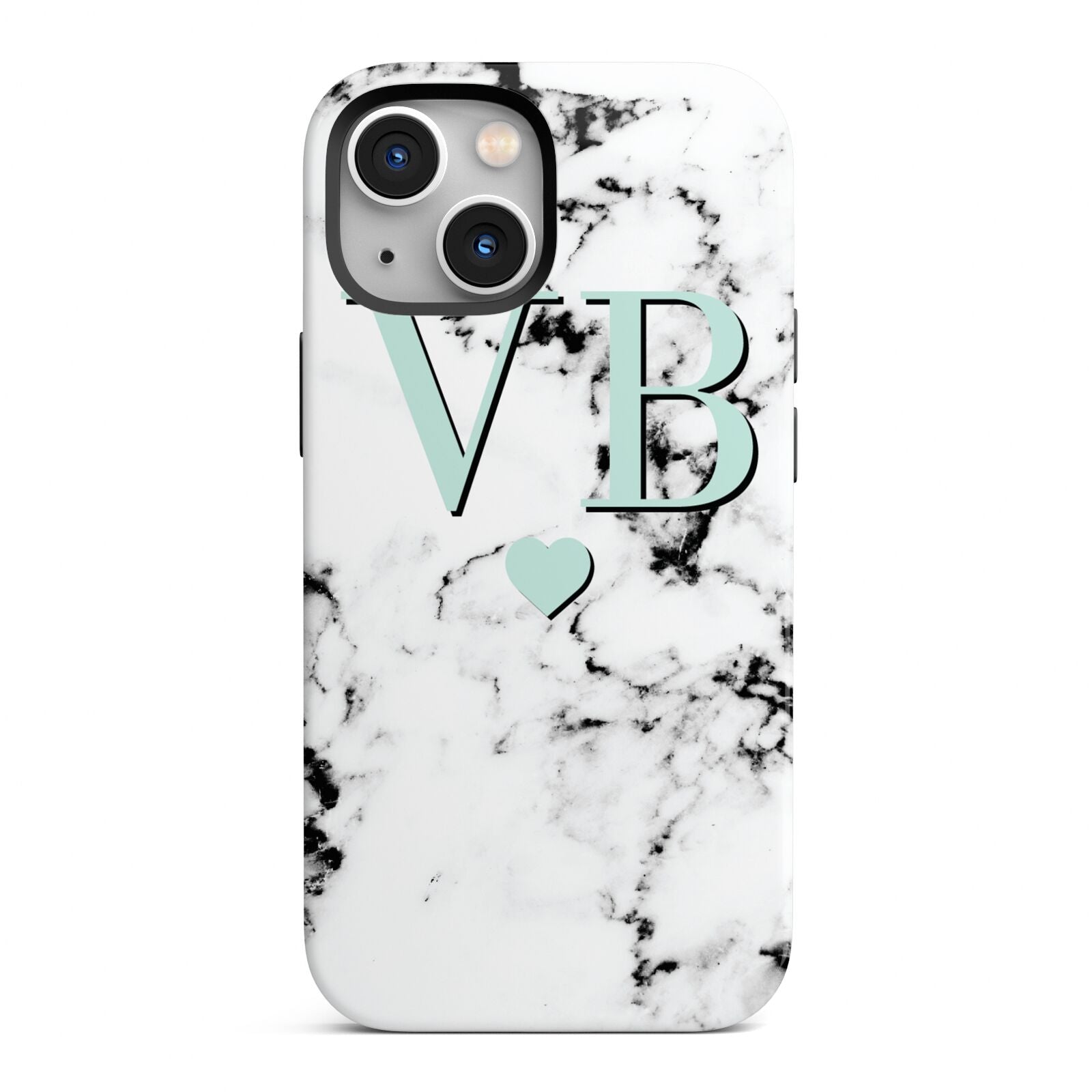 Personalised Mint Initialled Marble Heart iPhone 13 Mini Full Wrap 3D Tough Case