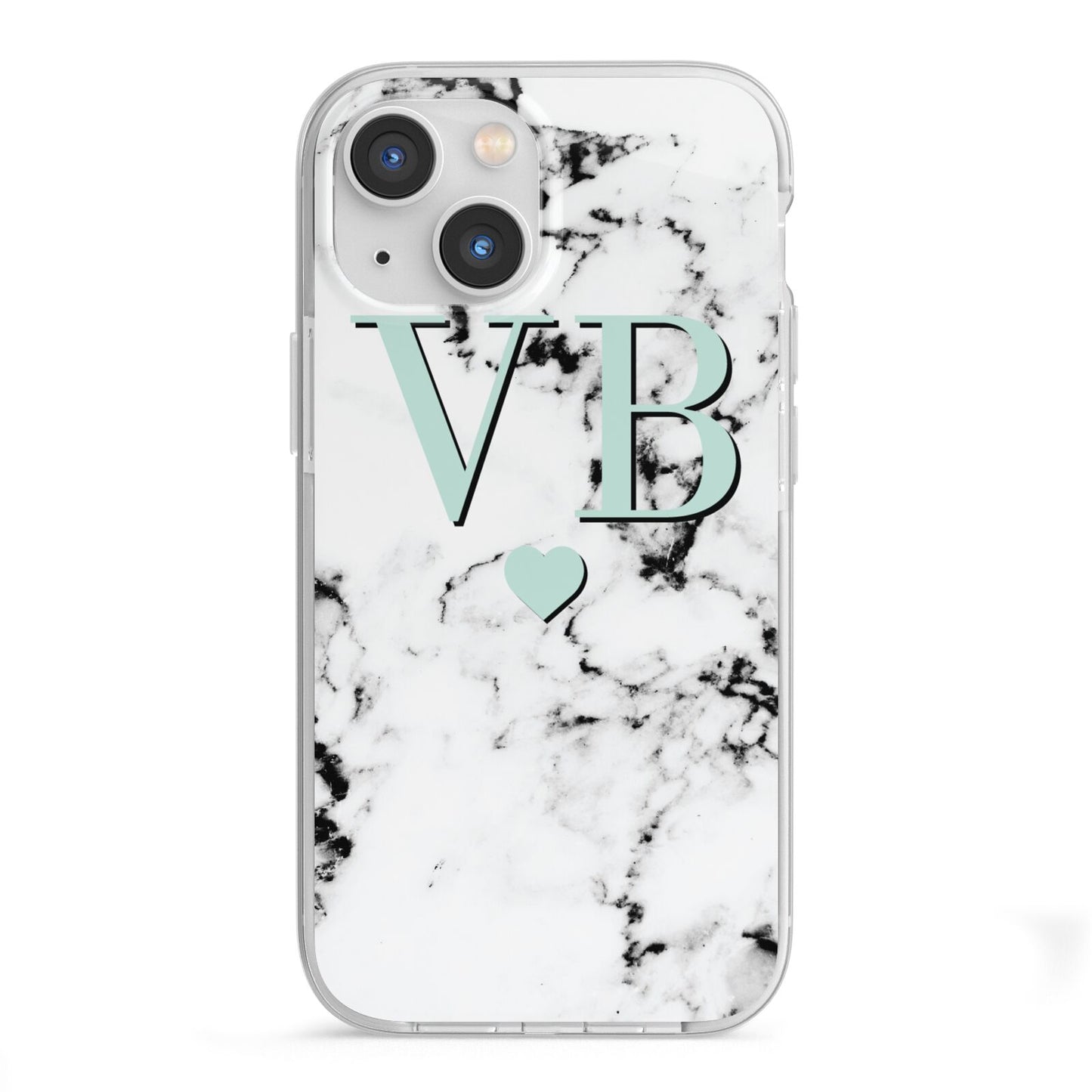Personalised Mint Initialled Marble Heart iPhone 13 Mini TPU Impact Case with White Edges