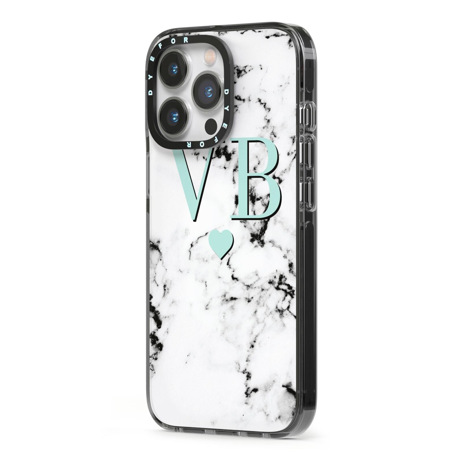 Personalised Mint Initialled Marble Heart iPhone 13 Pro Black Impact Case Side Angle on Silver phone