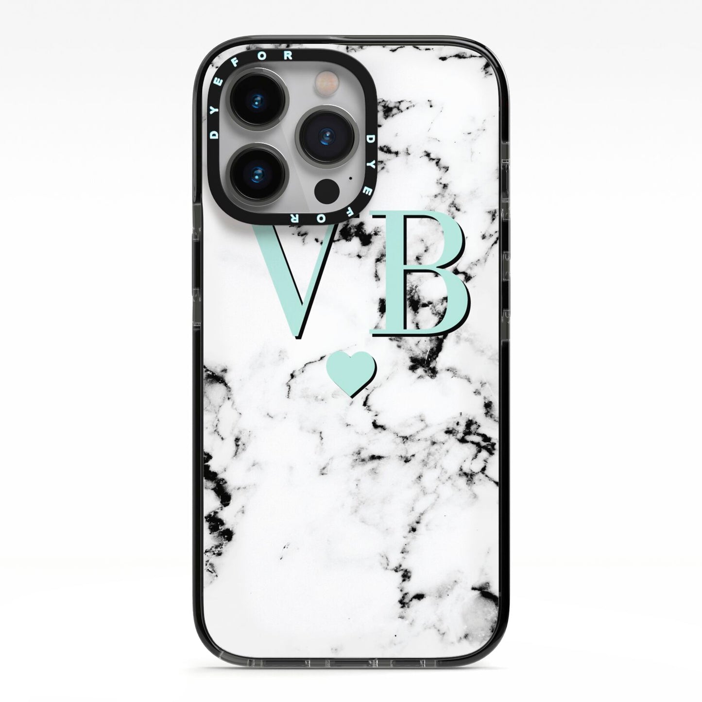 Personalised Mint Initialled Marble Heart iPhone 13 Pro Black Impact Case on Silver phone