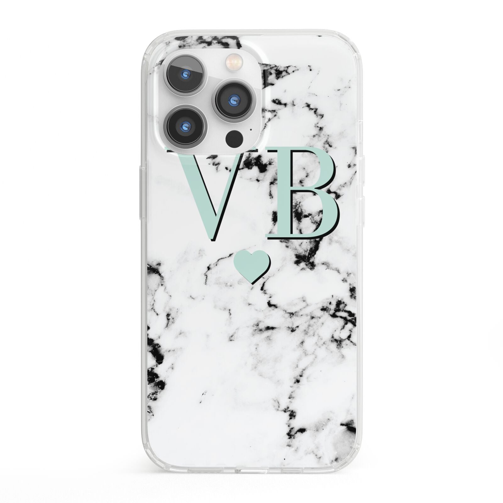 Personalised Mint Initialled Marble Heart iPhone 13 Pro Clear Bumper Case