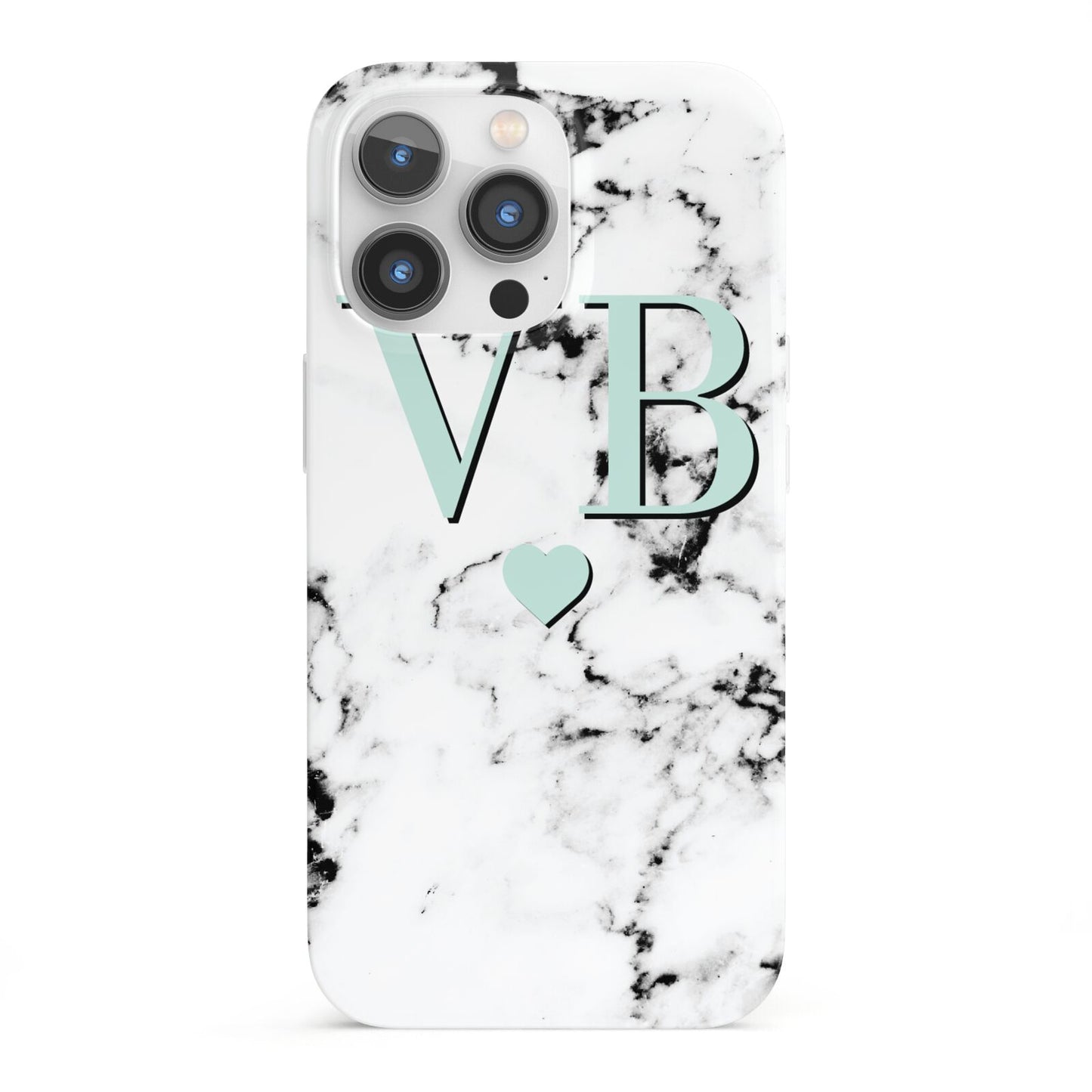 Personalised Mint Initialled Marble Heart iPhone 13 Pro Full Wrap 3D Snap Case