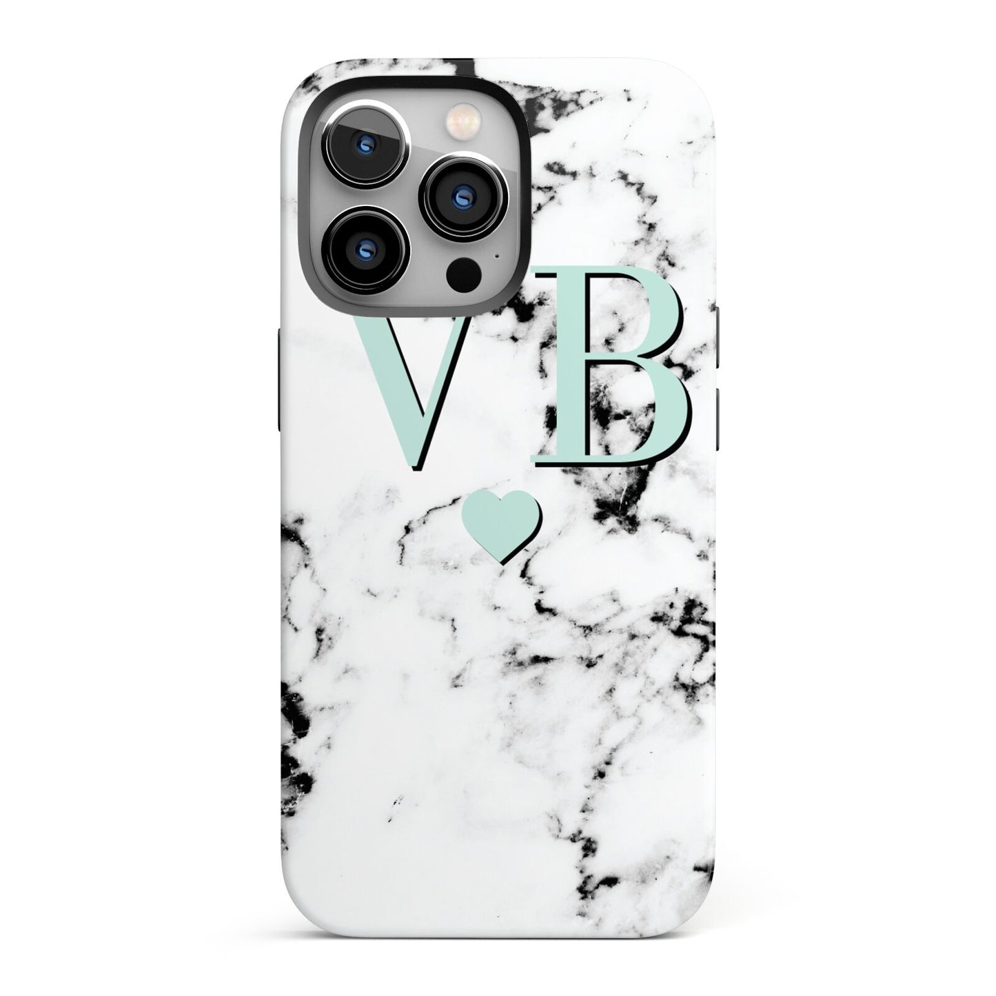 Personalised Mint Initialled Marble Heart iPhone 13 Pro Full Wrap 3D Tough Case