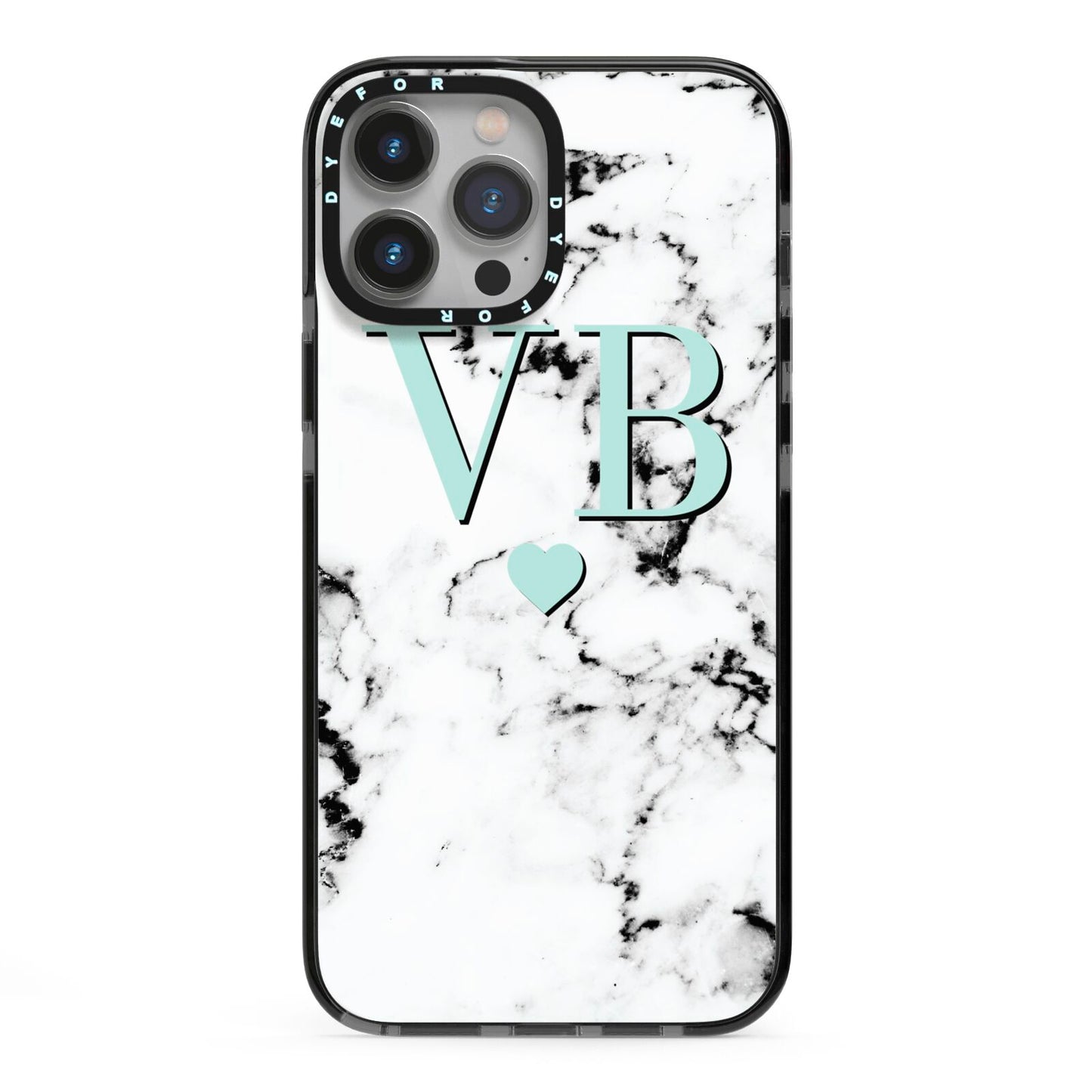 Personalised Mint Initialled Marble Heart iPhone 13 Pro Max Black Impact Case on Silver phone