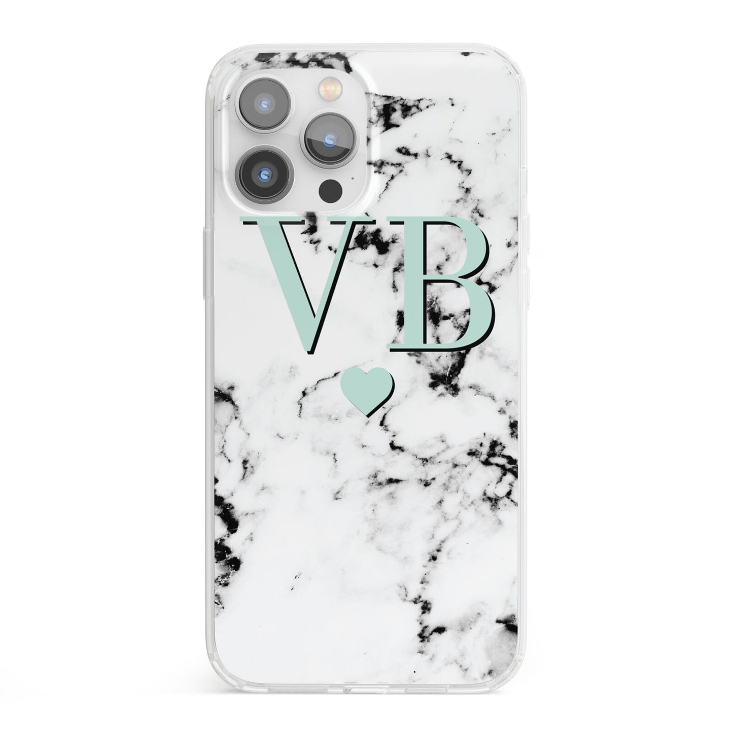 Personalised Mint Initialled Marble Heart iPhone 13 Pro Max Clear Bumper Case
