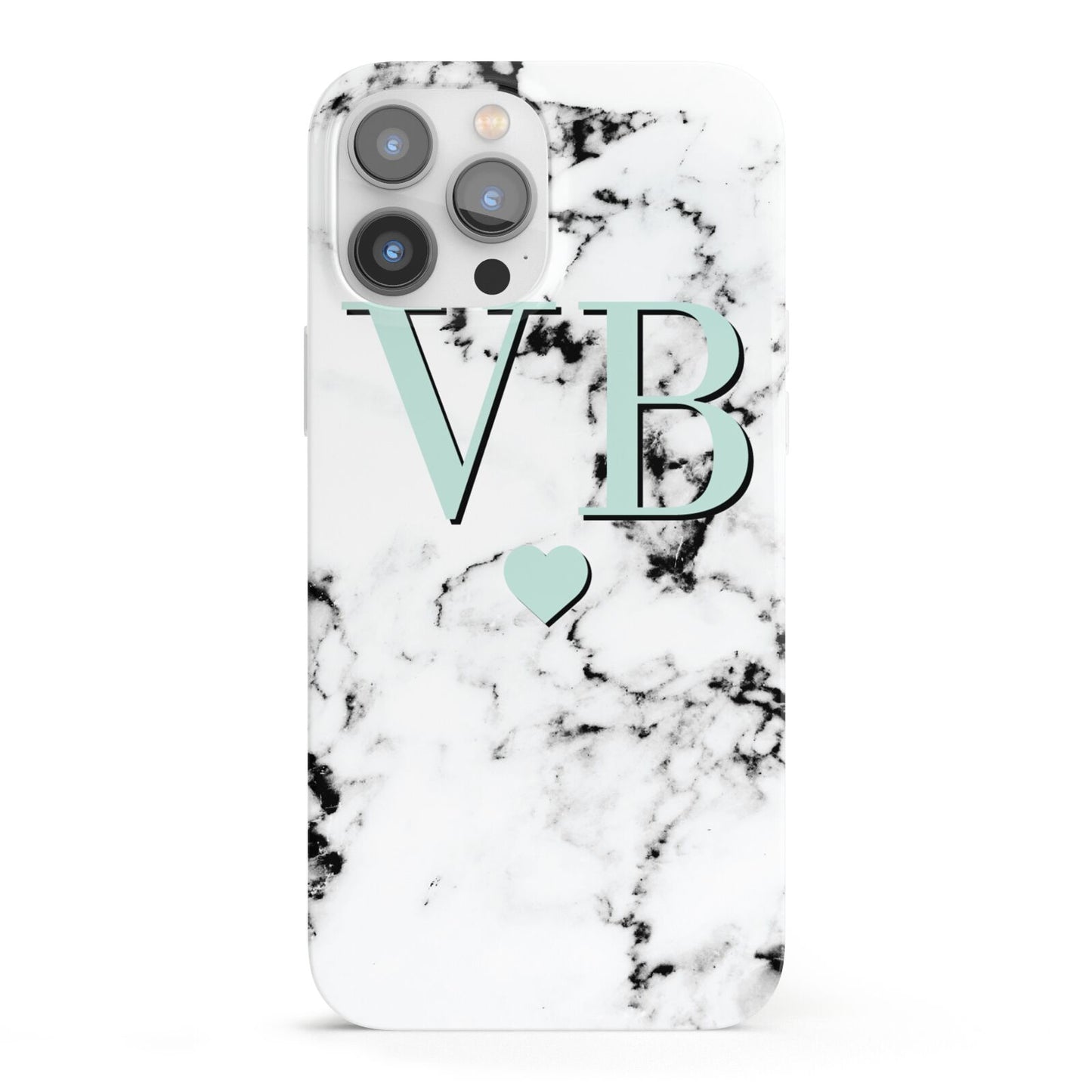 Personalised Mint Initialled Marble Heart iPhone 13 Pro Max Full Wrap 3D Snap Case