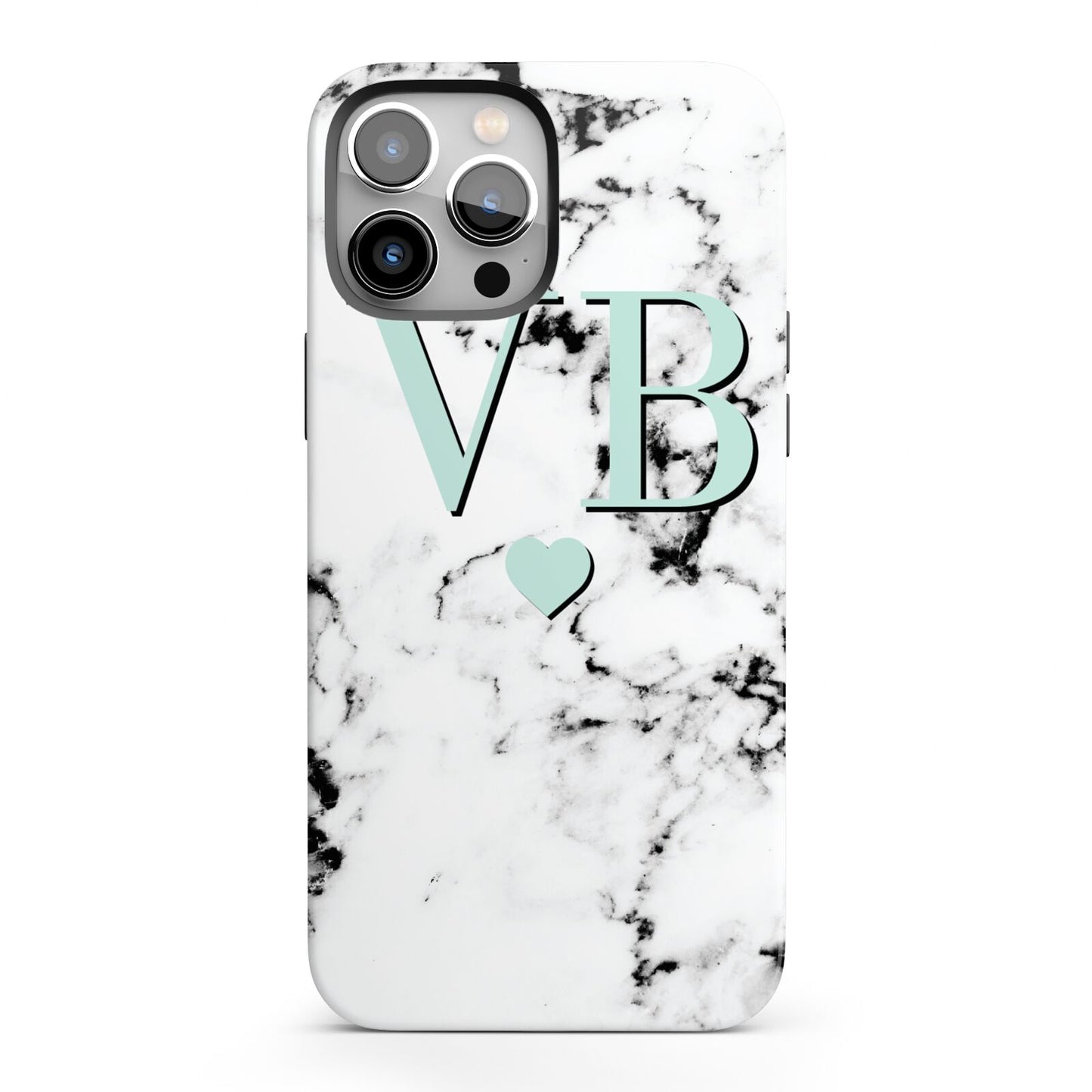 Personalised Mint Initialled Marble Heart iPhone 13 Pro Max Full Wrap 3D Tough Case
