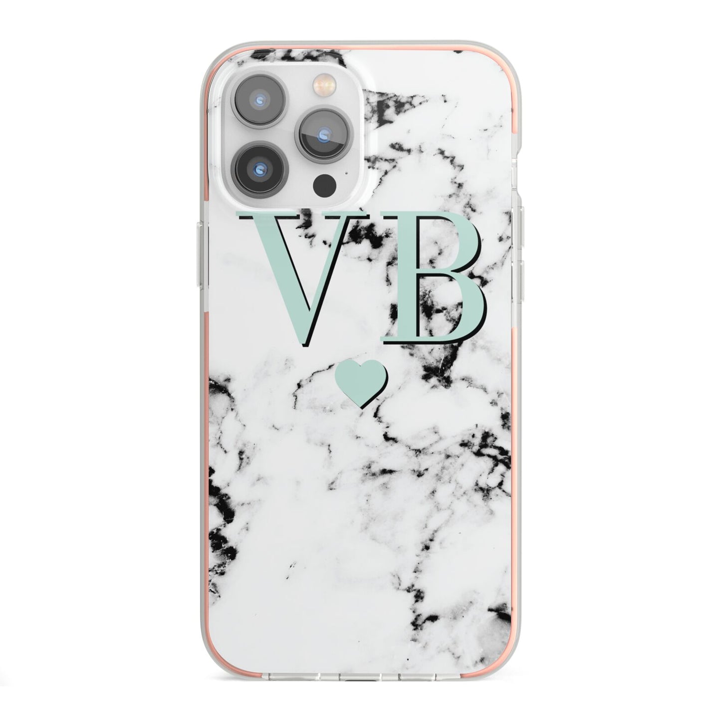 Personalised Mint Initialled Marble Heart iPhone 13 Pro Max TPU Impact Case with Pink Edges
