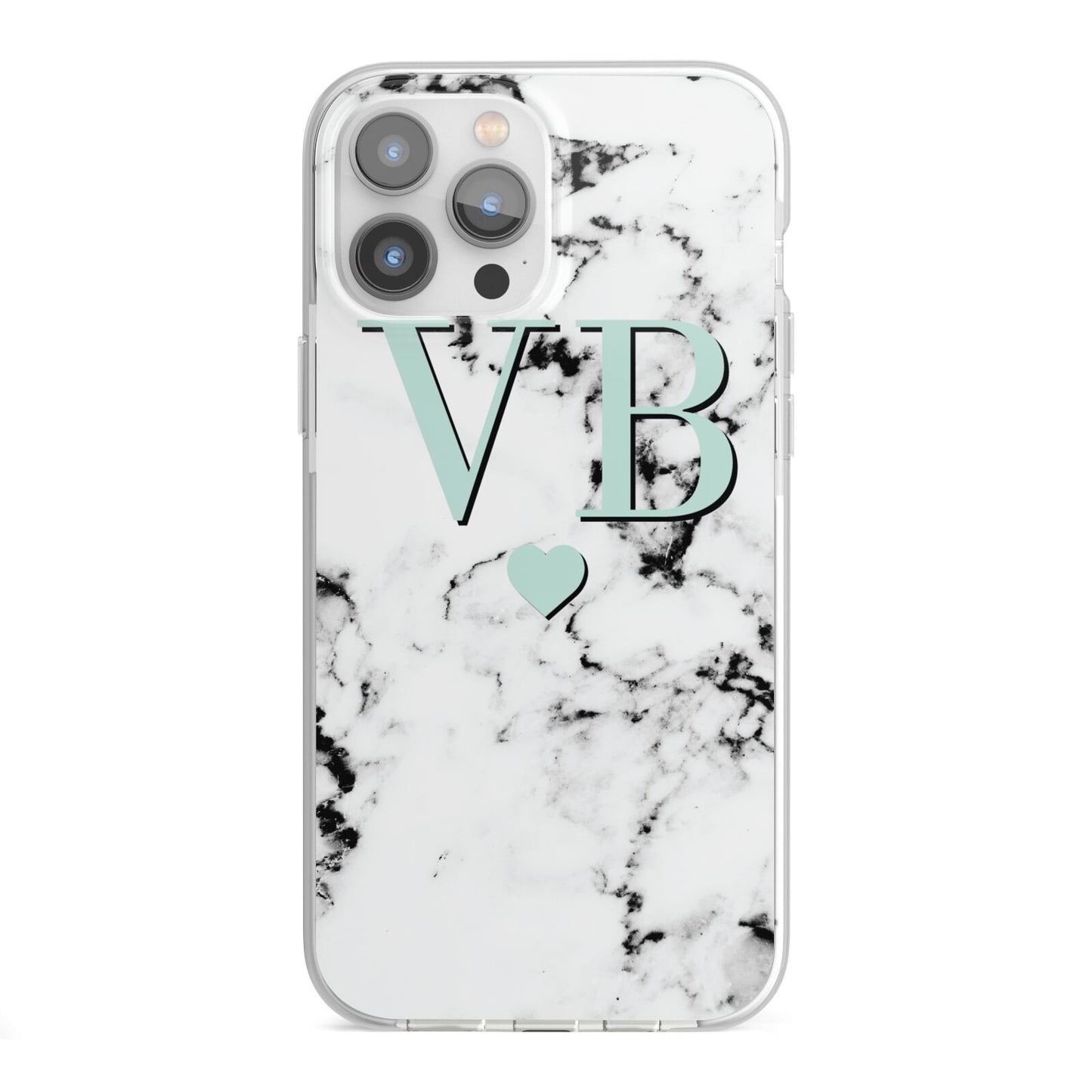 Personalised Mint Initialled Marble Heart iPhone 13 Pro Max TPU Impact Case with White Edges