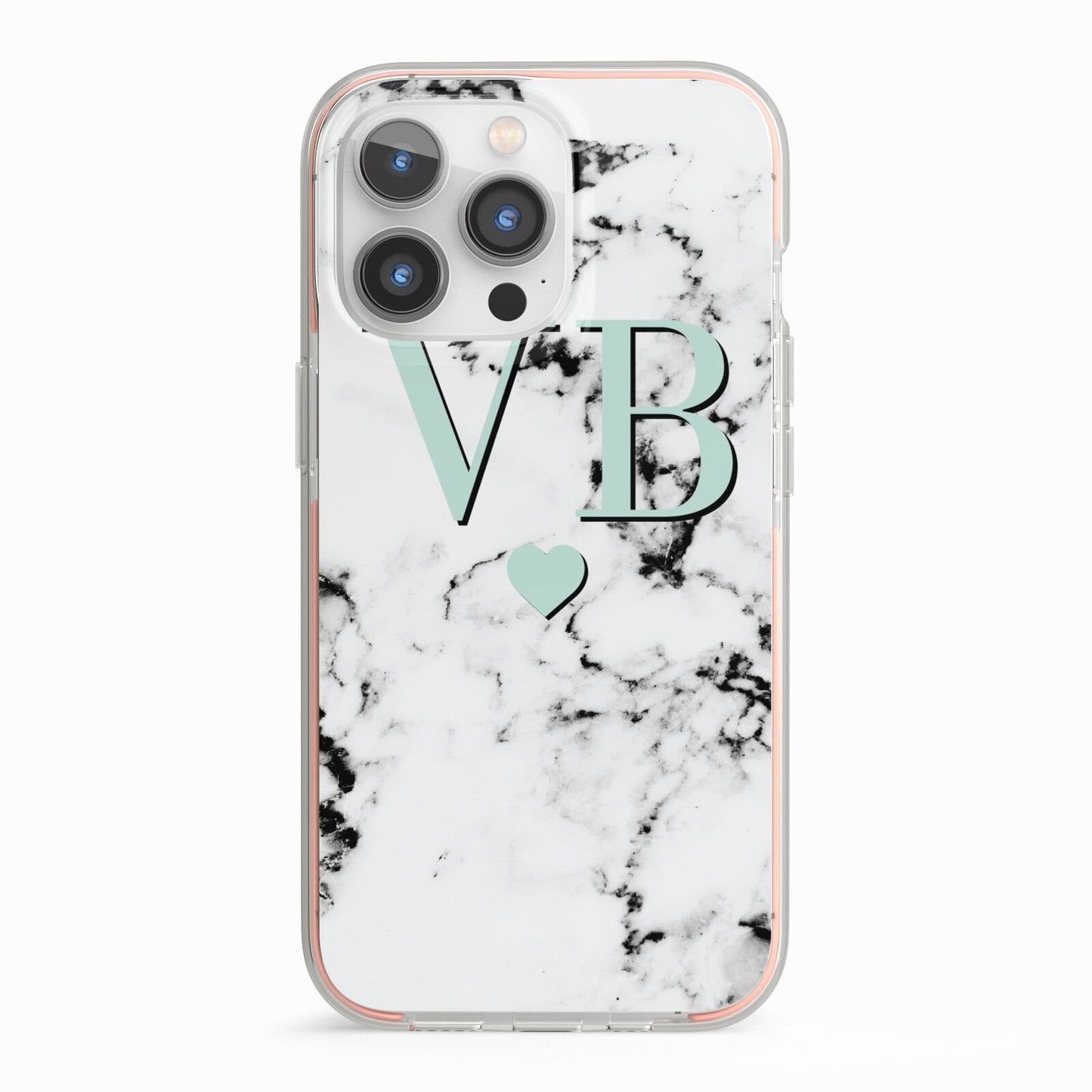 Personalised Mint Initialled Marble Heart iPhone 13 Pro TPU Impact Case with Pink Edges