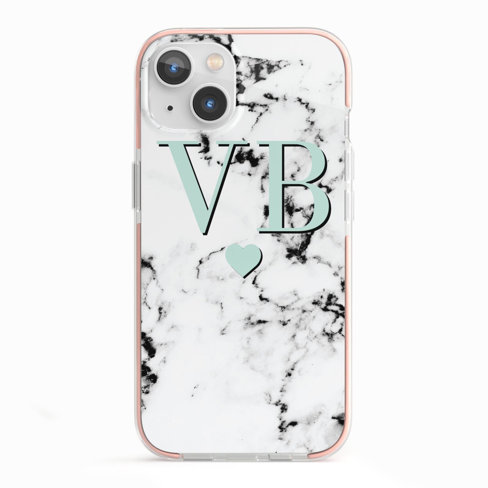 Personalised Mint Initialled Marble Heart iPhone 13 TPU Impact Case with Pink Edges