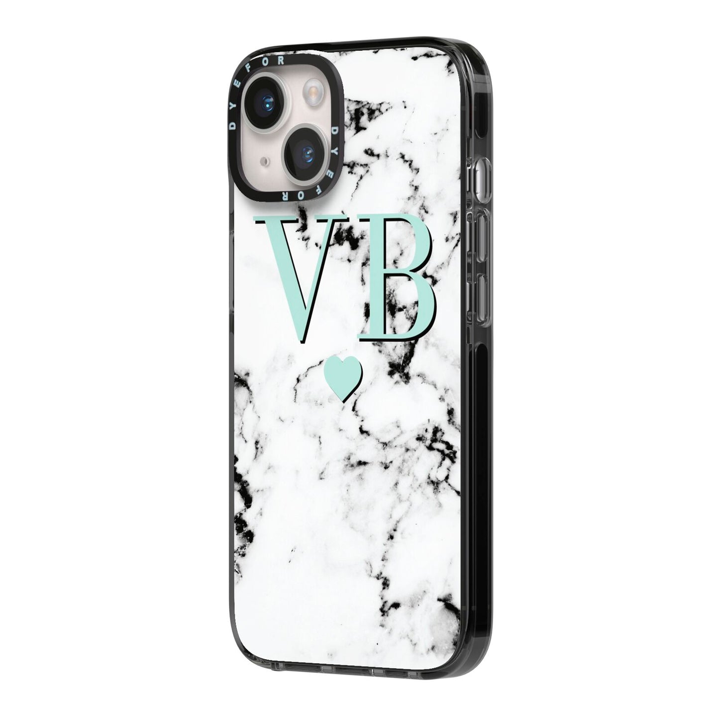 Personalised Mint Initialled Marble Heart iPhone 14 Black Impact Case Side Angle on Silver phone
