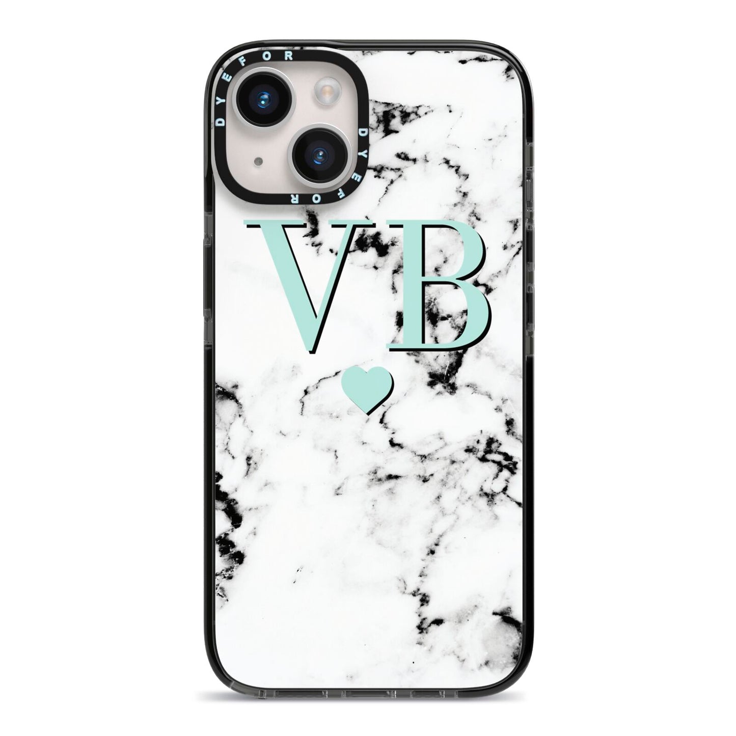 Personalised Mint Initialled Marble Heart iPhone 14 Black Impact Case on Silver phone
