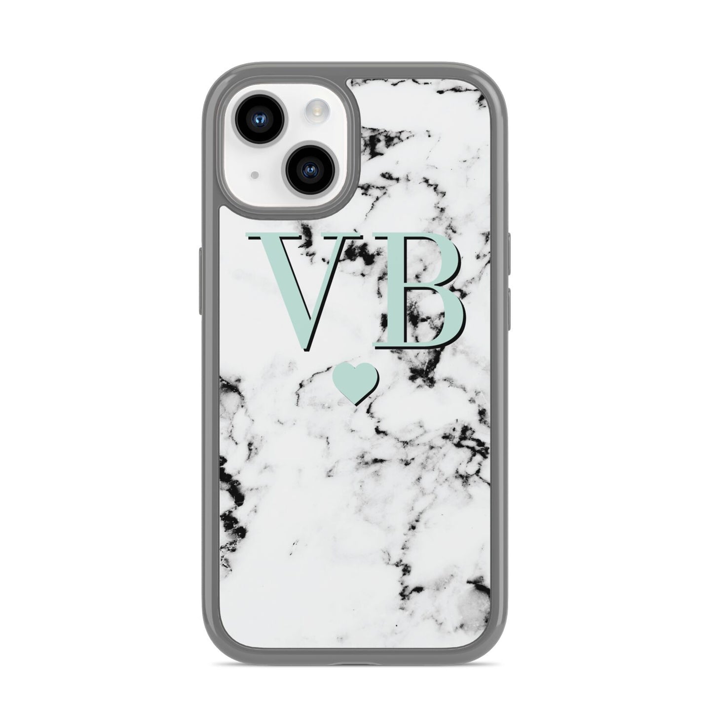 Personalised Mint Initialled Marble Heart iPhone 14 Clear Tough Case Starlight