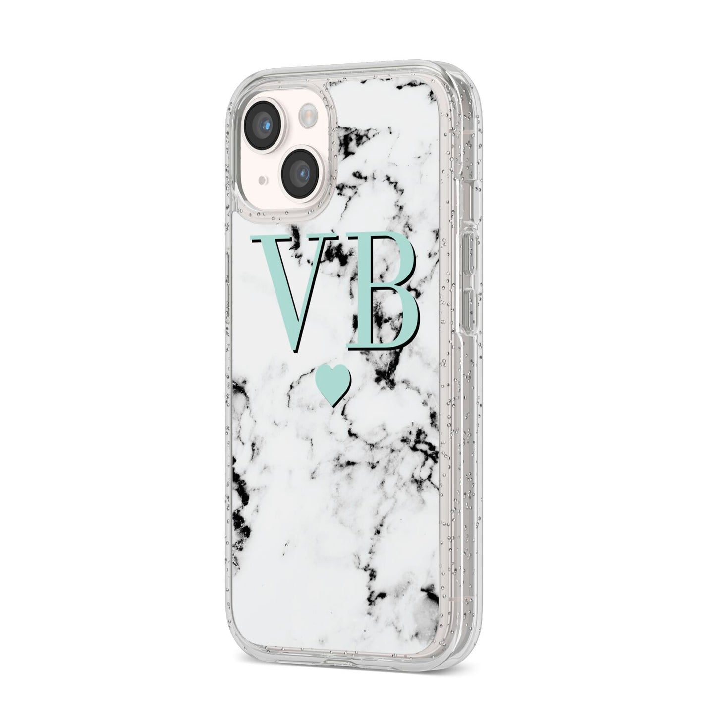 Personalised Mint Initialled Marble Heart iPhone 14 Glitter Tough Case Starlight Angled Image