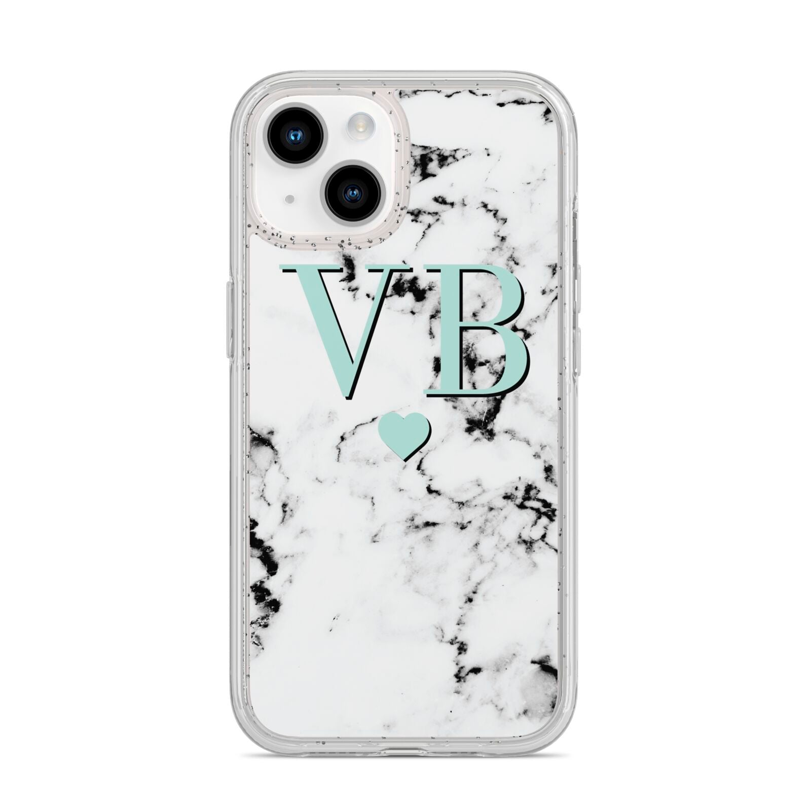 Personalised Mint Initialled Marble Heart iPhone 14 Glitter Tough Case Starlight