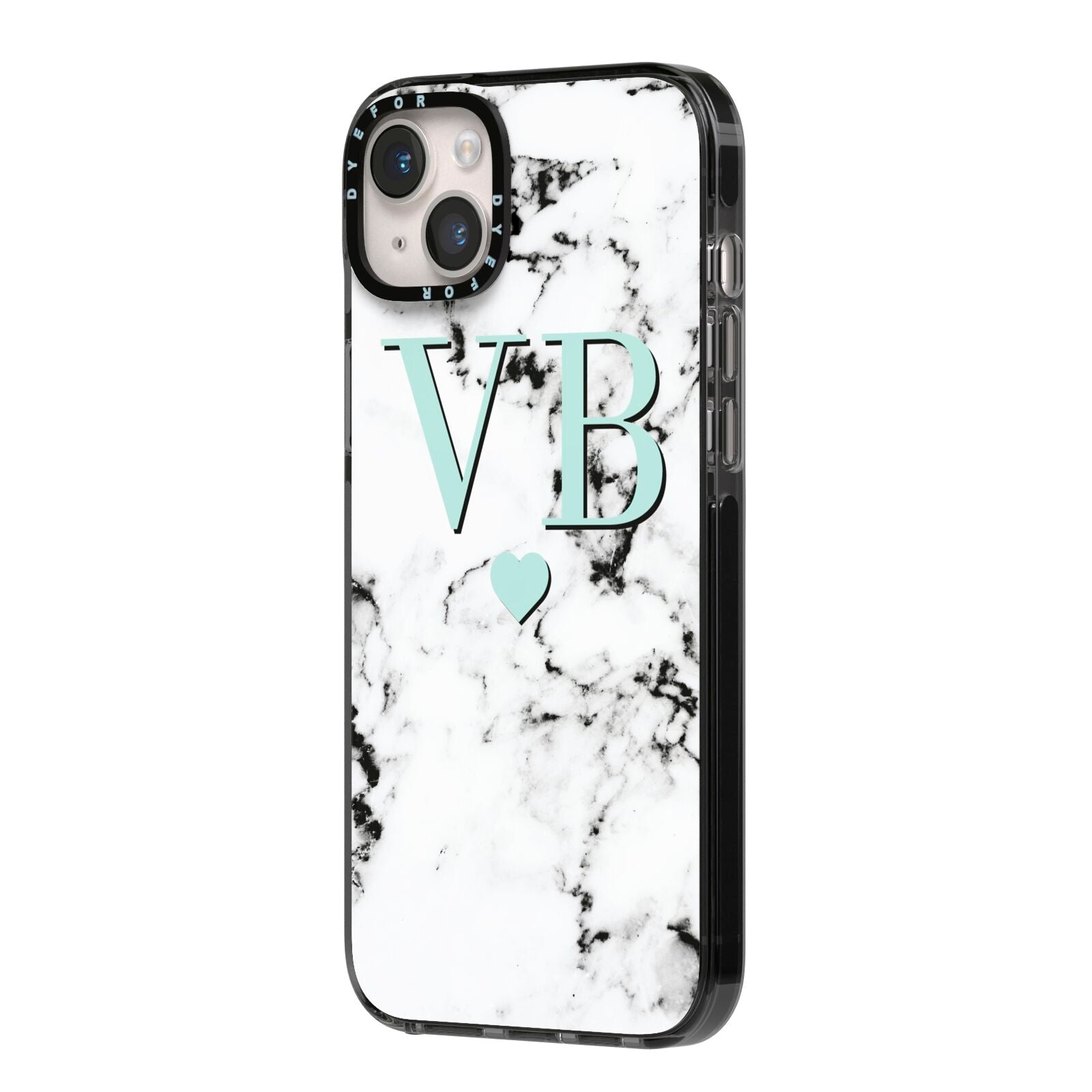 Personalised Mint Initialled Marble Heart iPhone 14 Plus Black Impact Case Side Angle on Silver phone