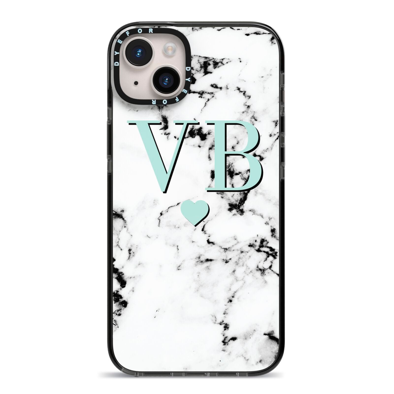 Personalised Mint Initialled Marble Heart iPhone 14 Plus Black Impact Case on Silver phone