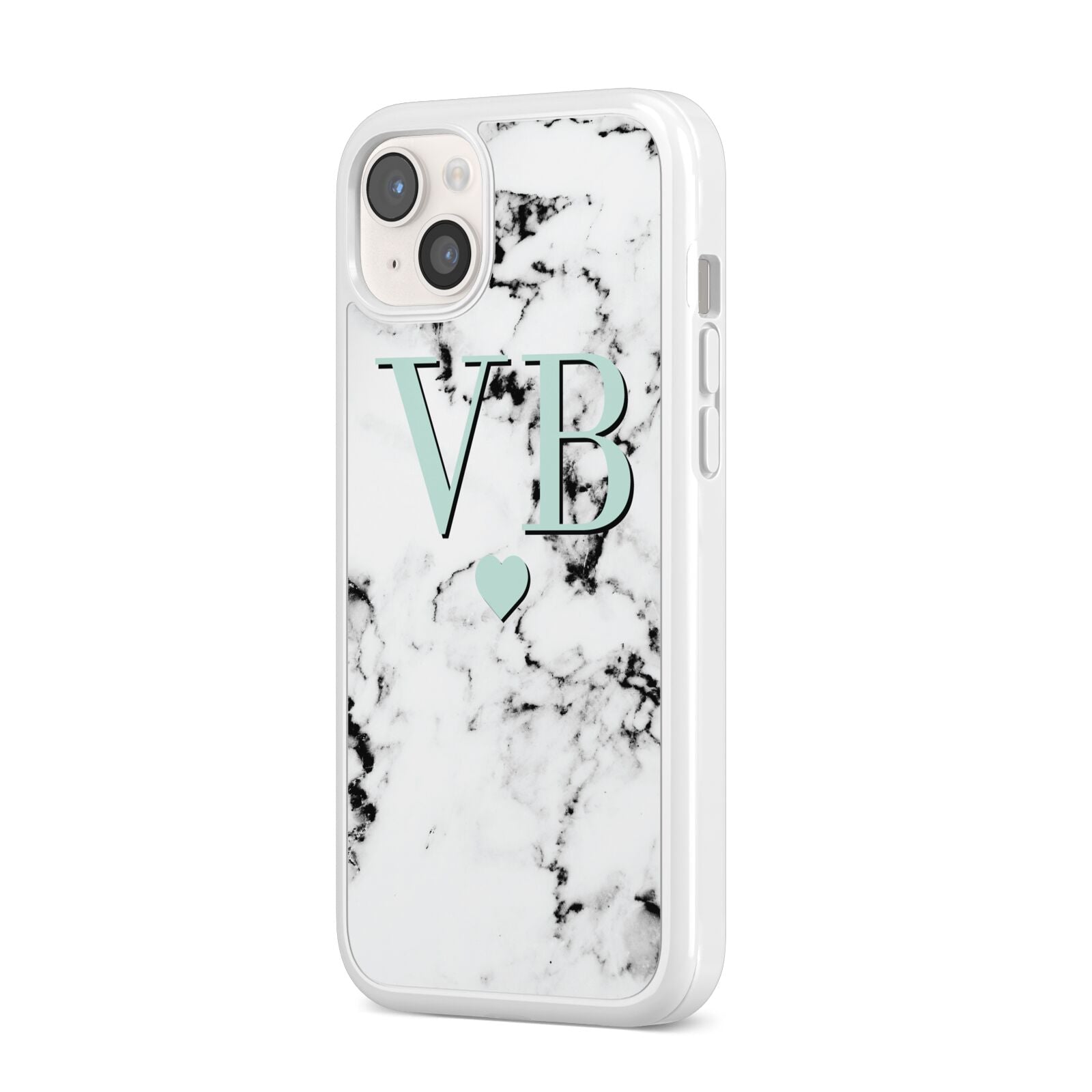 Personalised Mint Initialled Marble Heart iPhone 14 Plus Clear Tough Case Starlight Angled Image