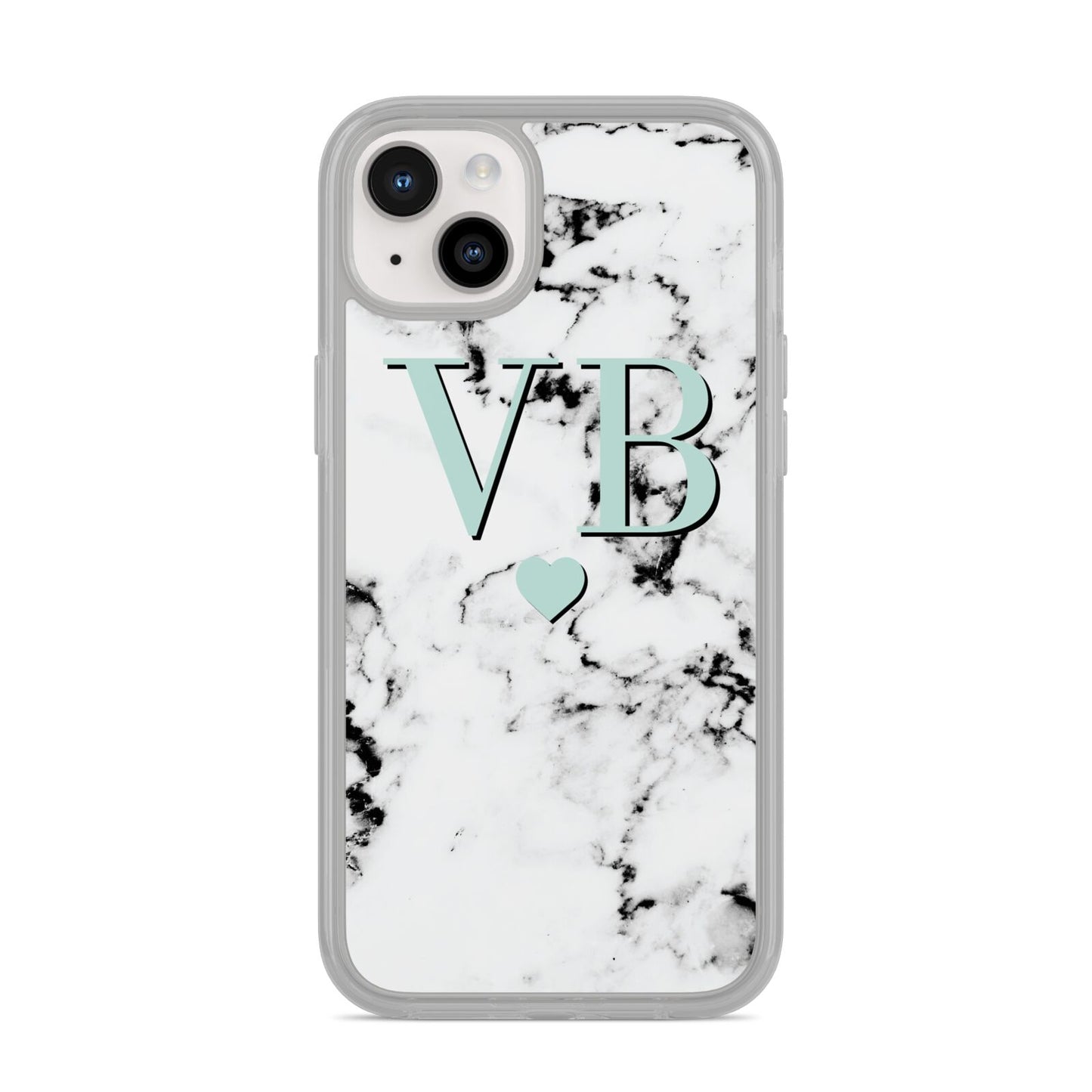 Personalised Mint Initialled Marble Heart iPhone 14 Plus Clear Tough Case Starlight