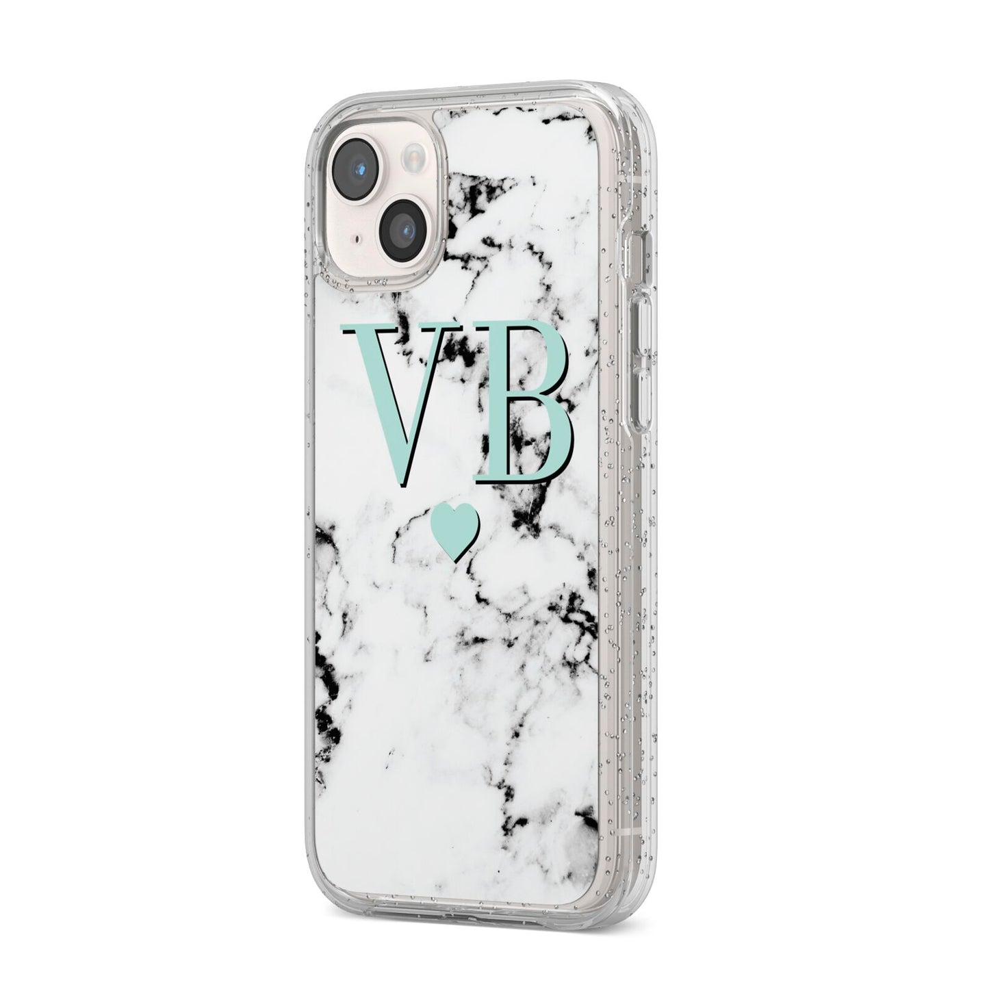 Personalised Mint Initialled Marble Heart iPhone 14 Plus Glitter Tough Case Starlight Angled Image