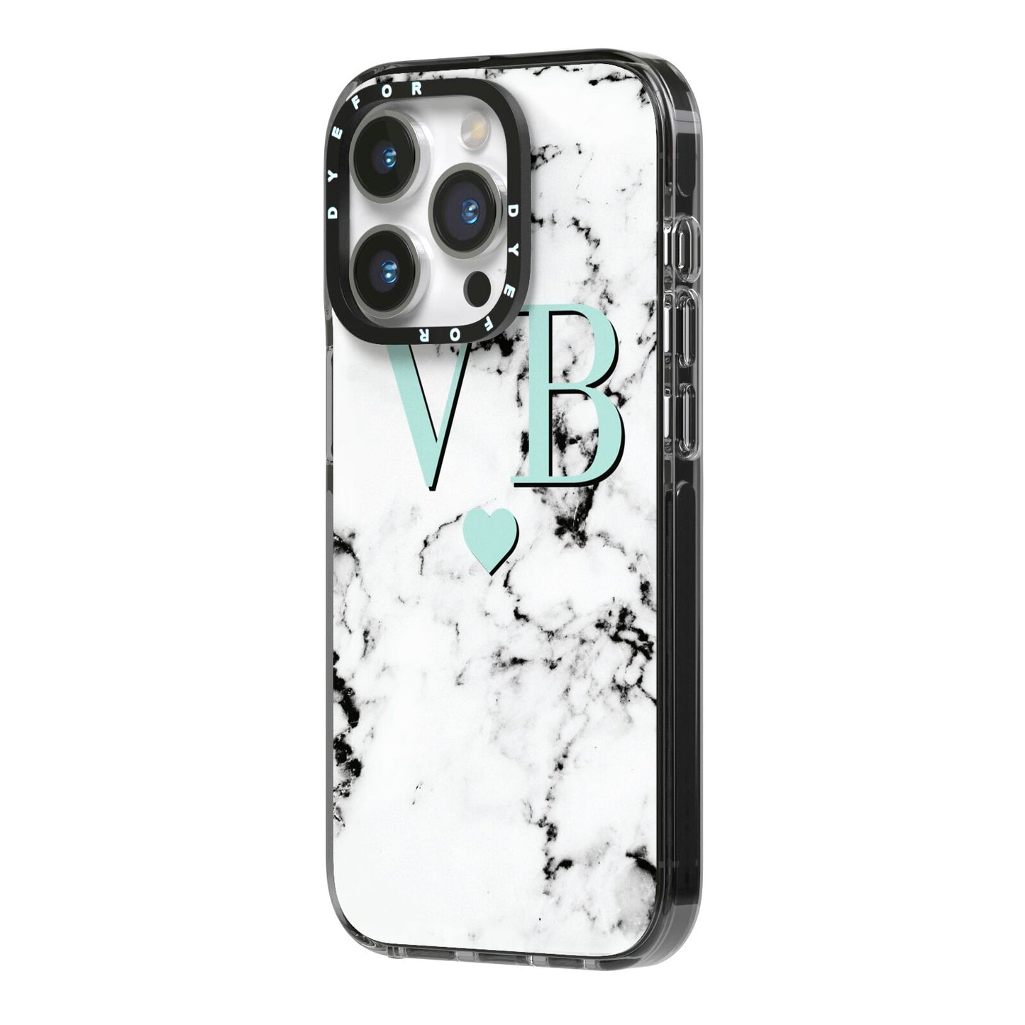Personalised Mint Initialled Marble Heart iPhone 14 Pro Black Impact Case Side Angle on Silver phone