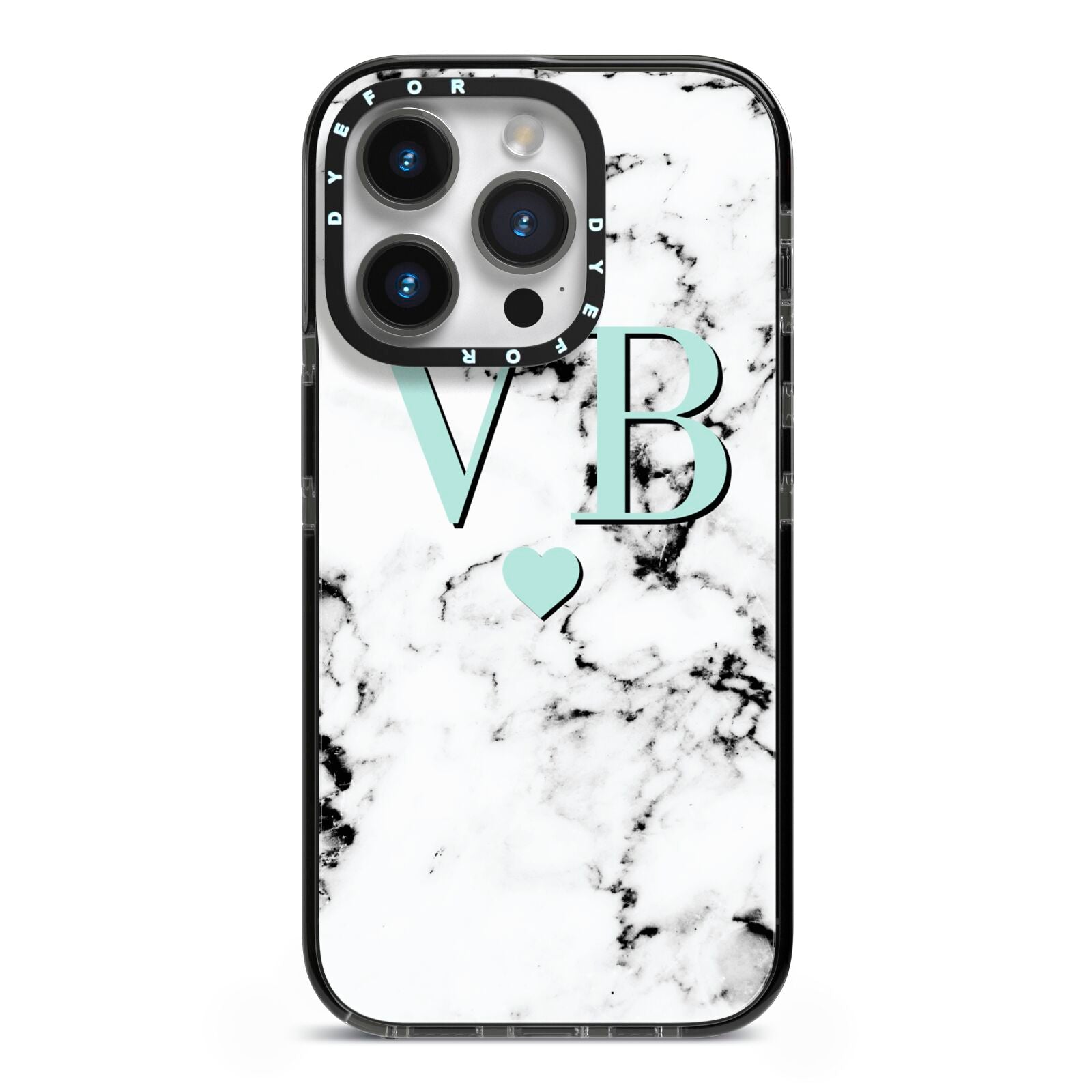 Personalised Mint Initialled Marble Heart iPhone 14 Pro Black Impact Case on Silver phone