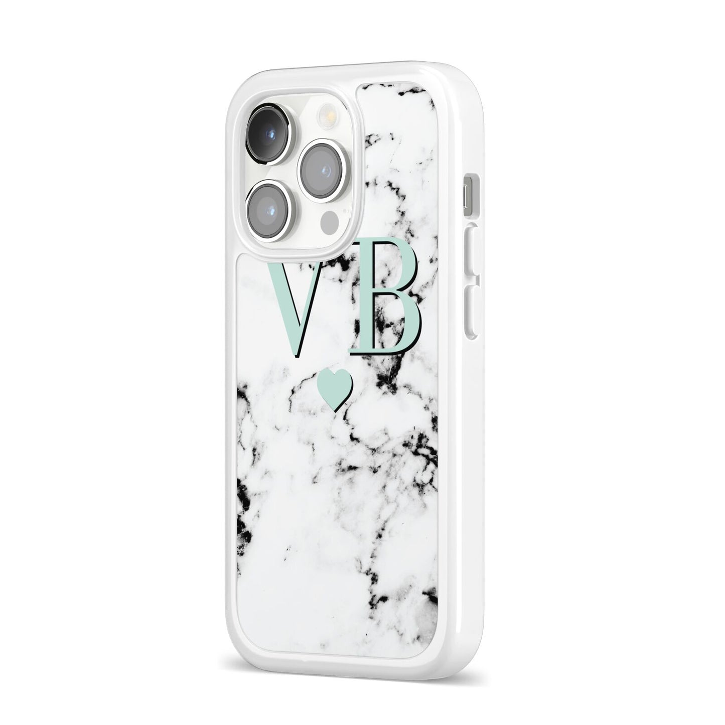 Personalised Mint Initialled Marble Heart iPhone 14 Pro Clear Tough Case Silver Angled Image