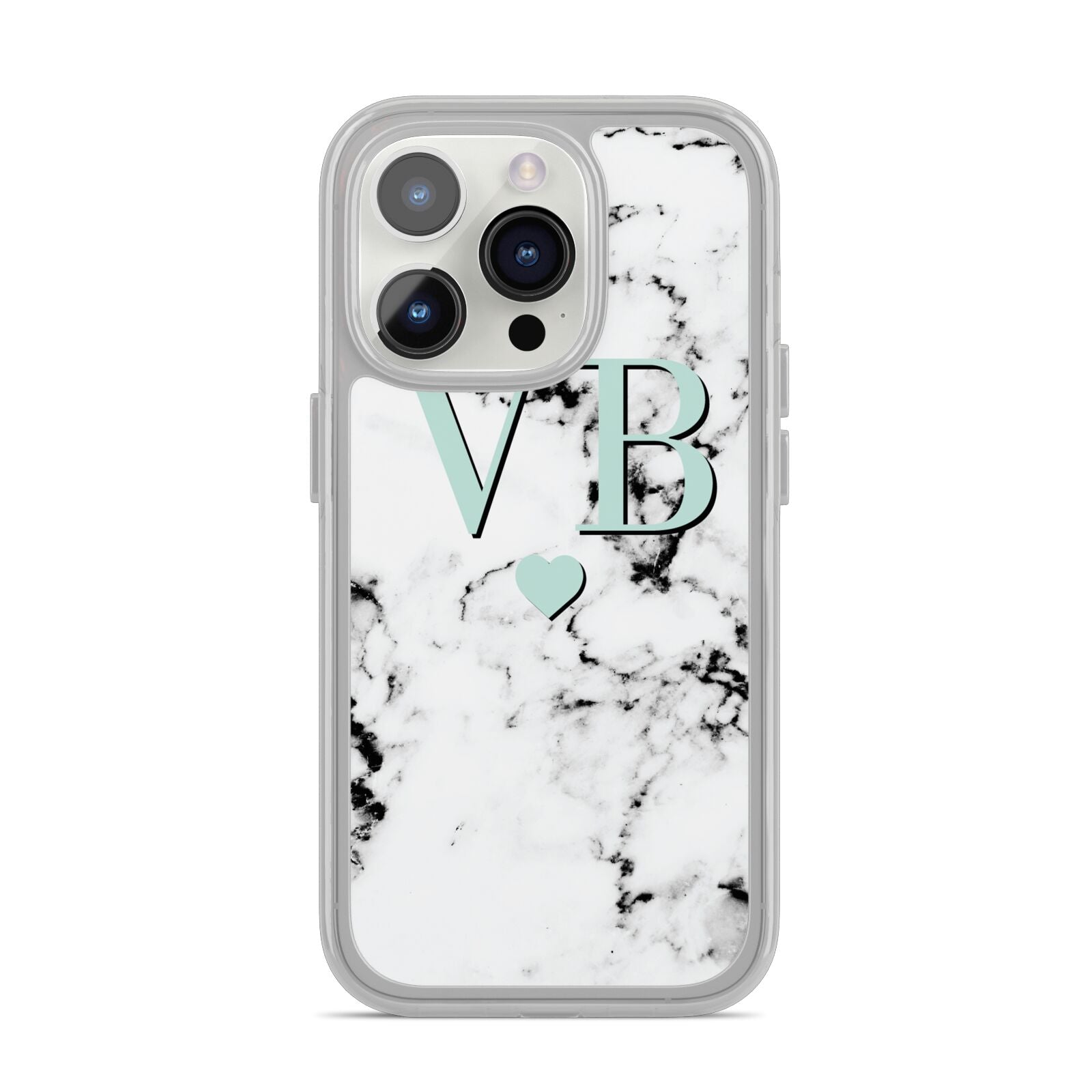 Personalised Mint Initialled Marble Heart iPhone 14 Pro Clear Tough Case Silver