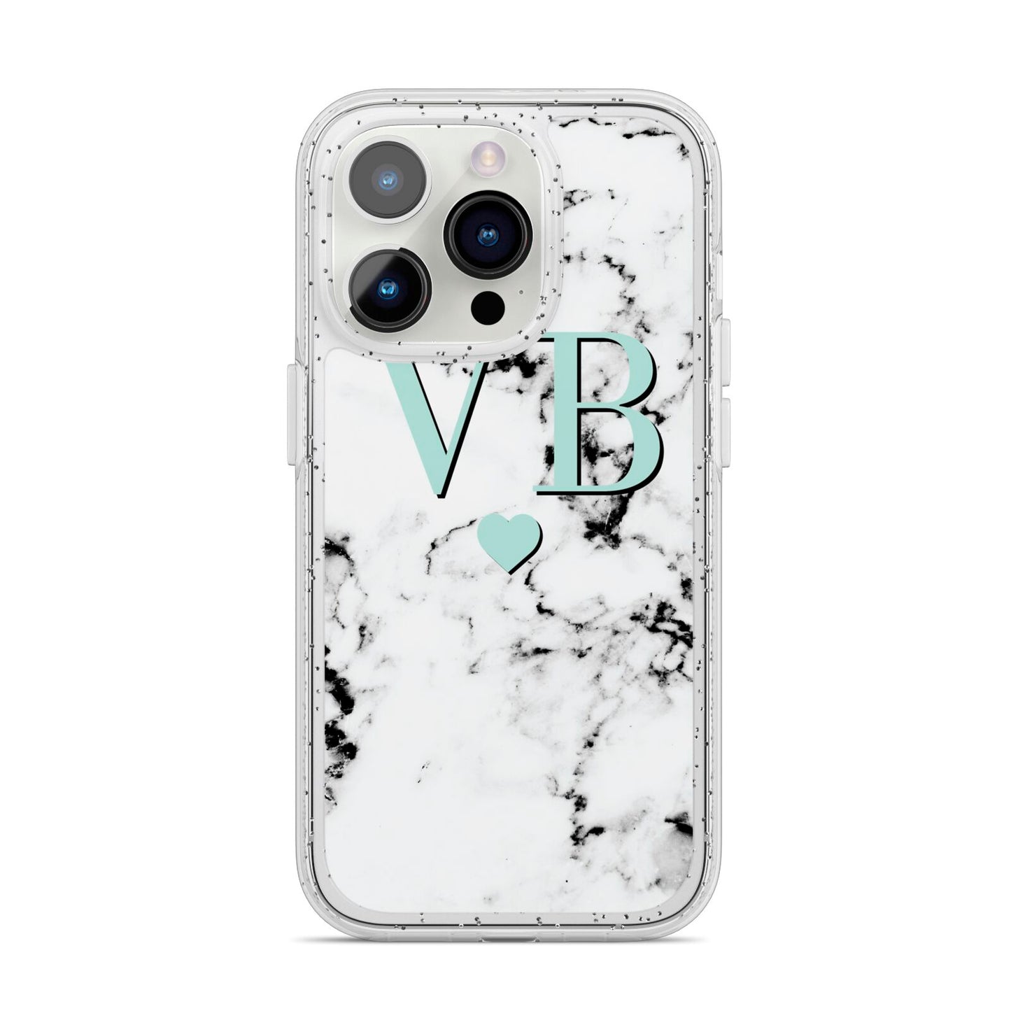 Personalised Mint Initialled Marble Heart iPhone 14 Pro Glitter Tough Case Silver