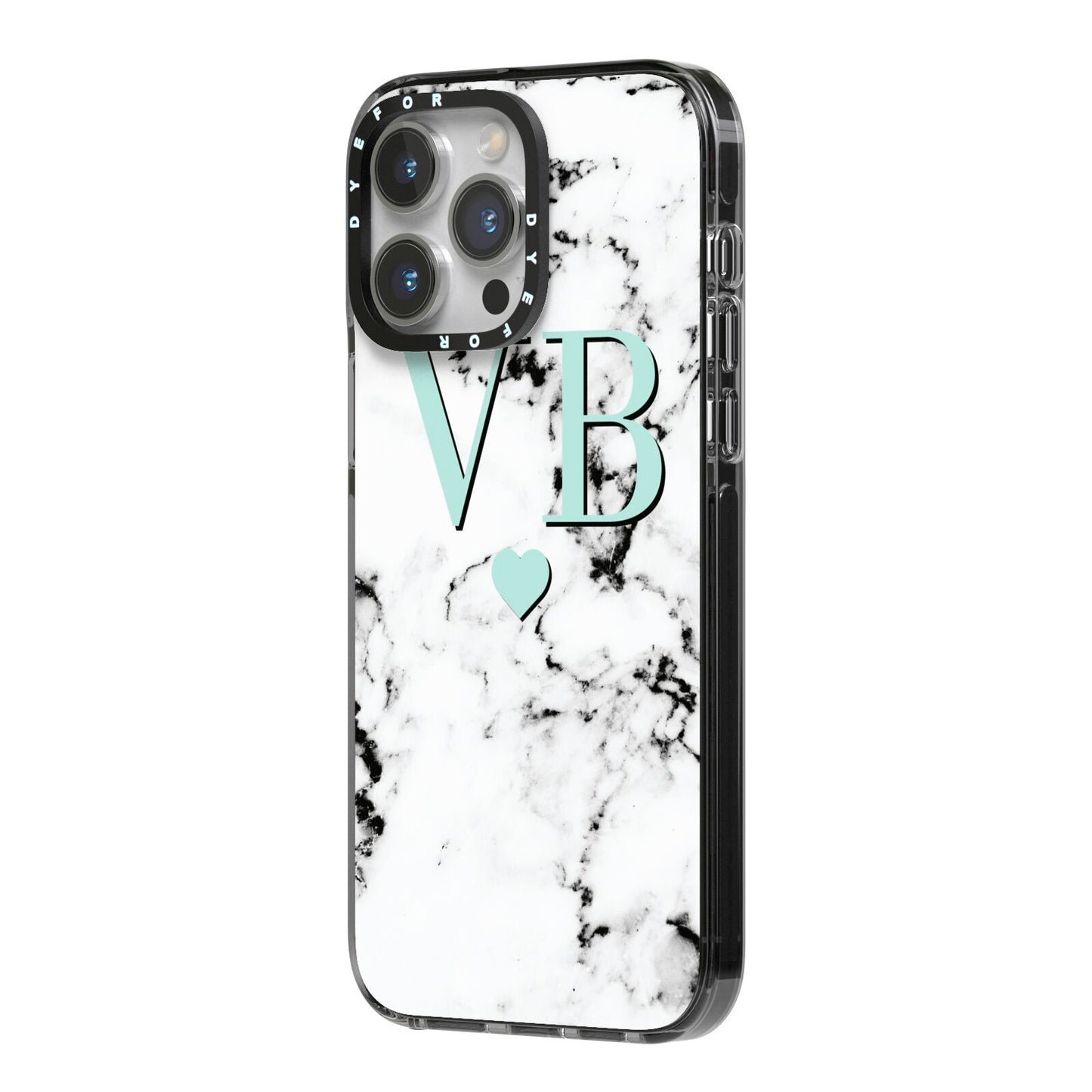 Personalised Mint Initialled Marble Heart iPhone 14 Pro Max Black Impact Case Side Angle on Silver phone