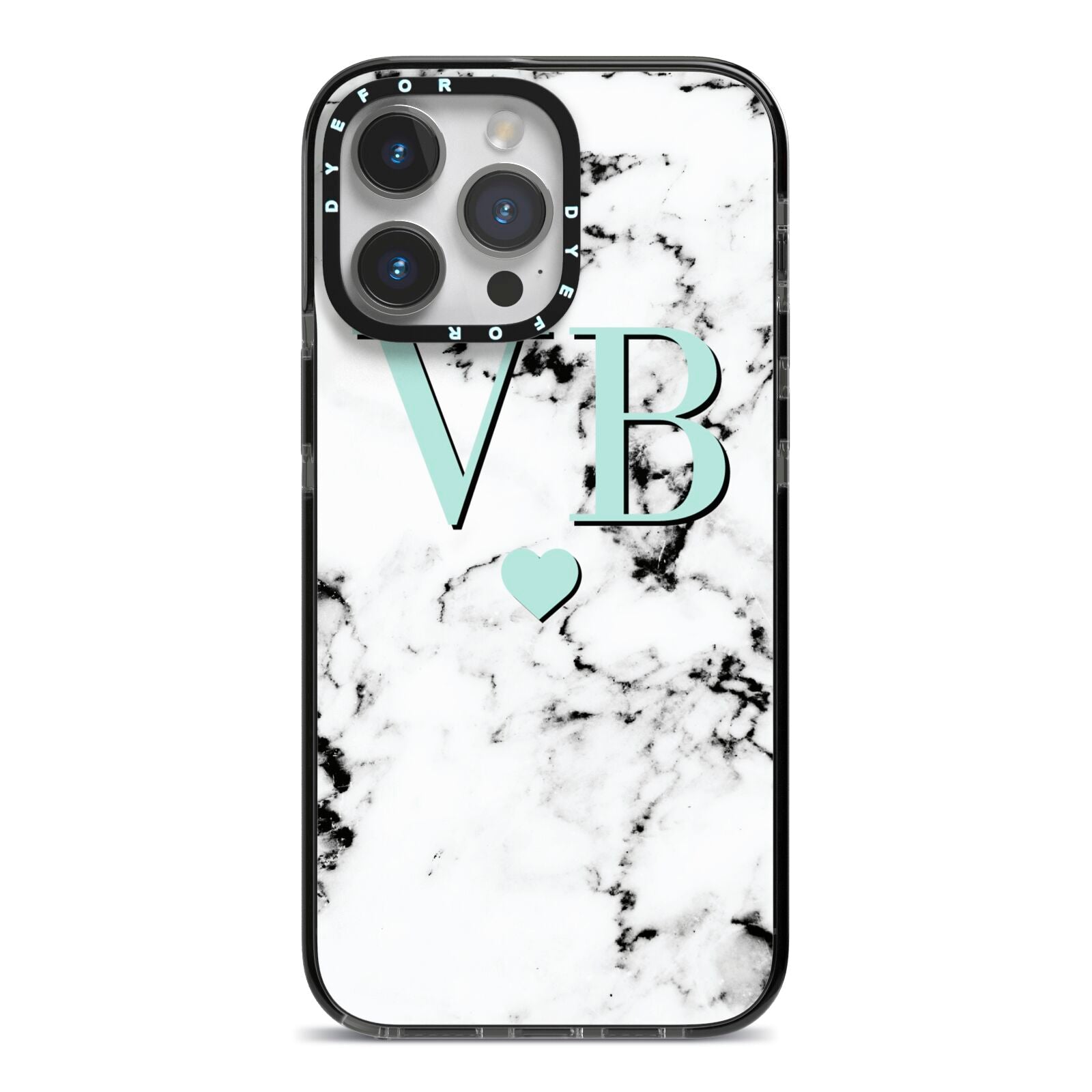 Personalised Mint Initialled Marble Heart iPhone 14 Pro Max Black Impact Case on Silver phone