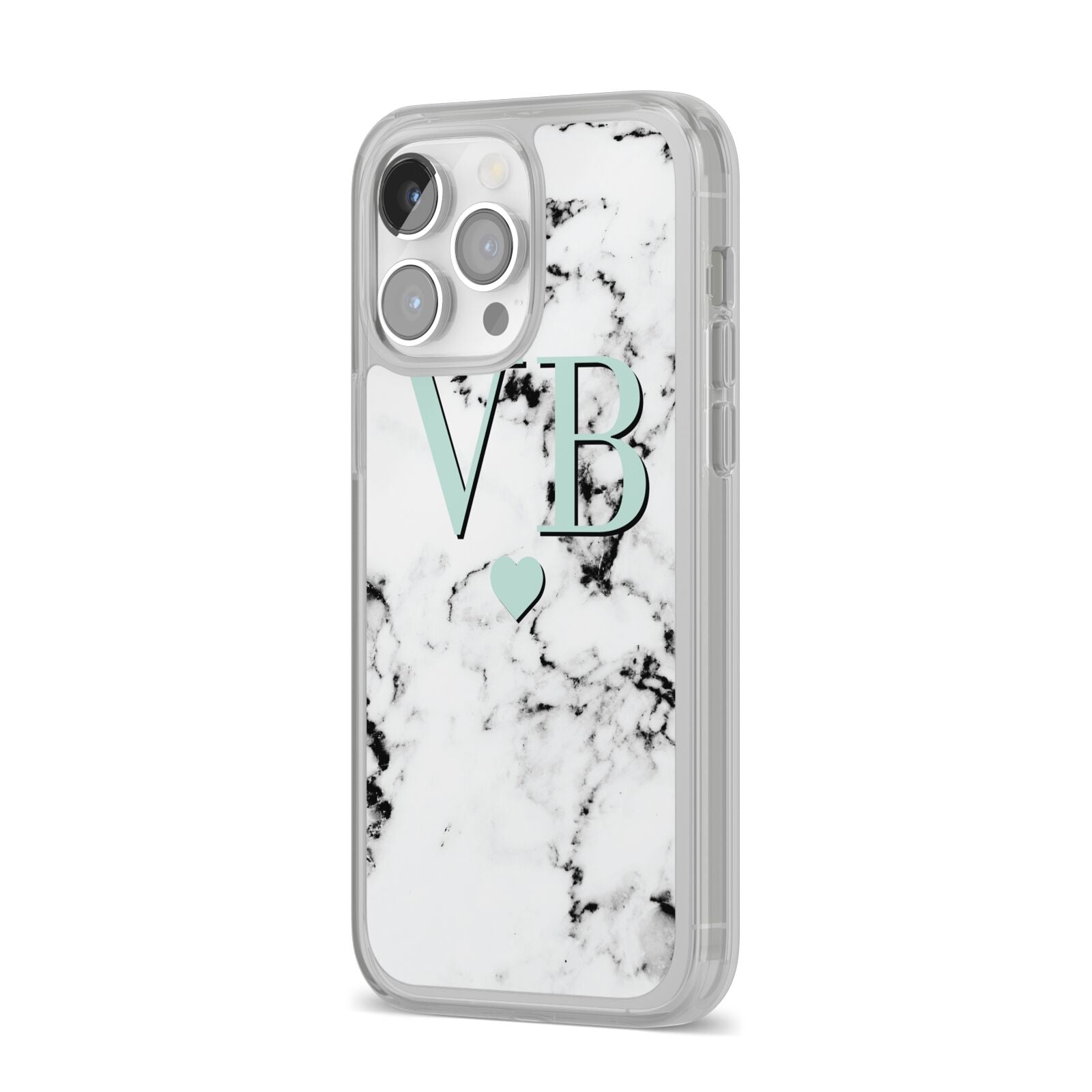 Personalised Mint Initialled Marble Heart iPhone 14 Pro Max Clear Tough Case Silver Angled Image